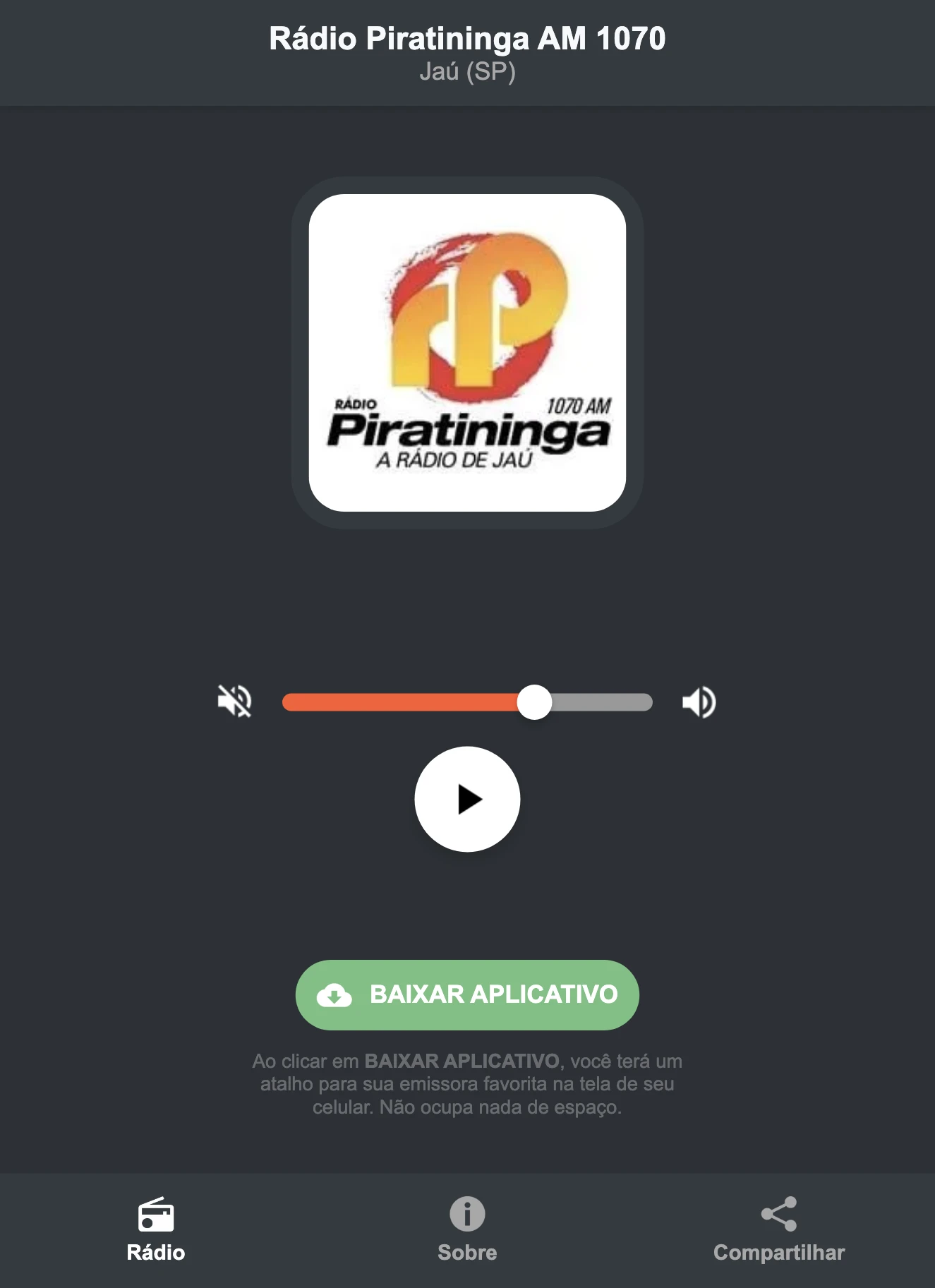 Screenshot do aplicativo da Rádio Piratininga AM 1070