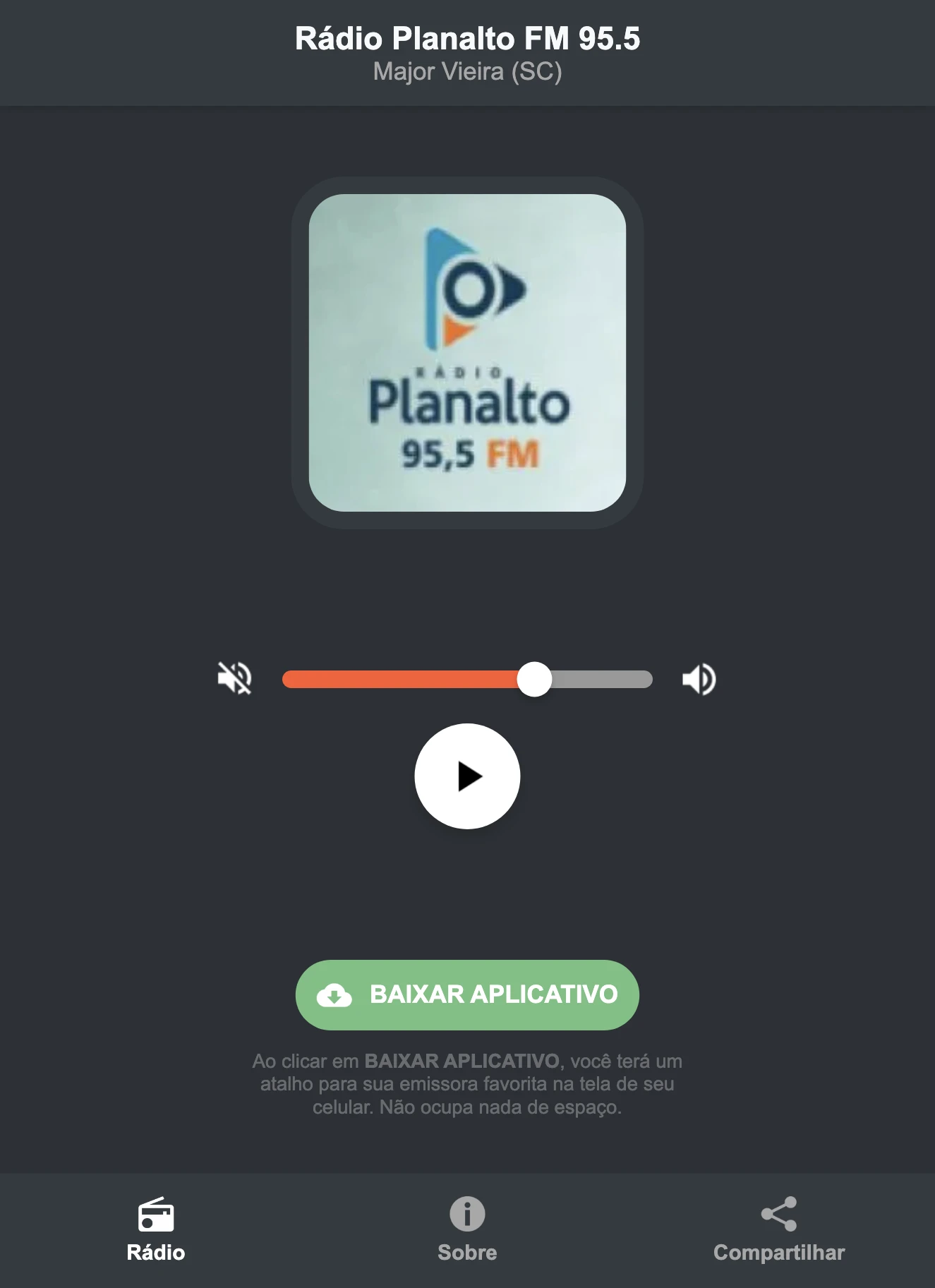 Screenshot do aplicativo da Rádio Planalto FM 95.5