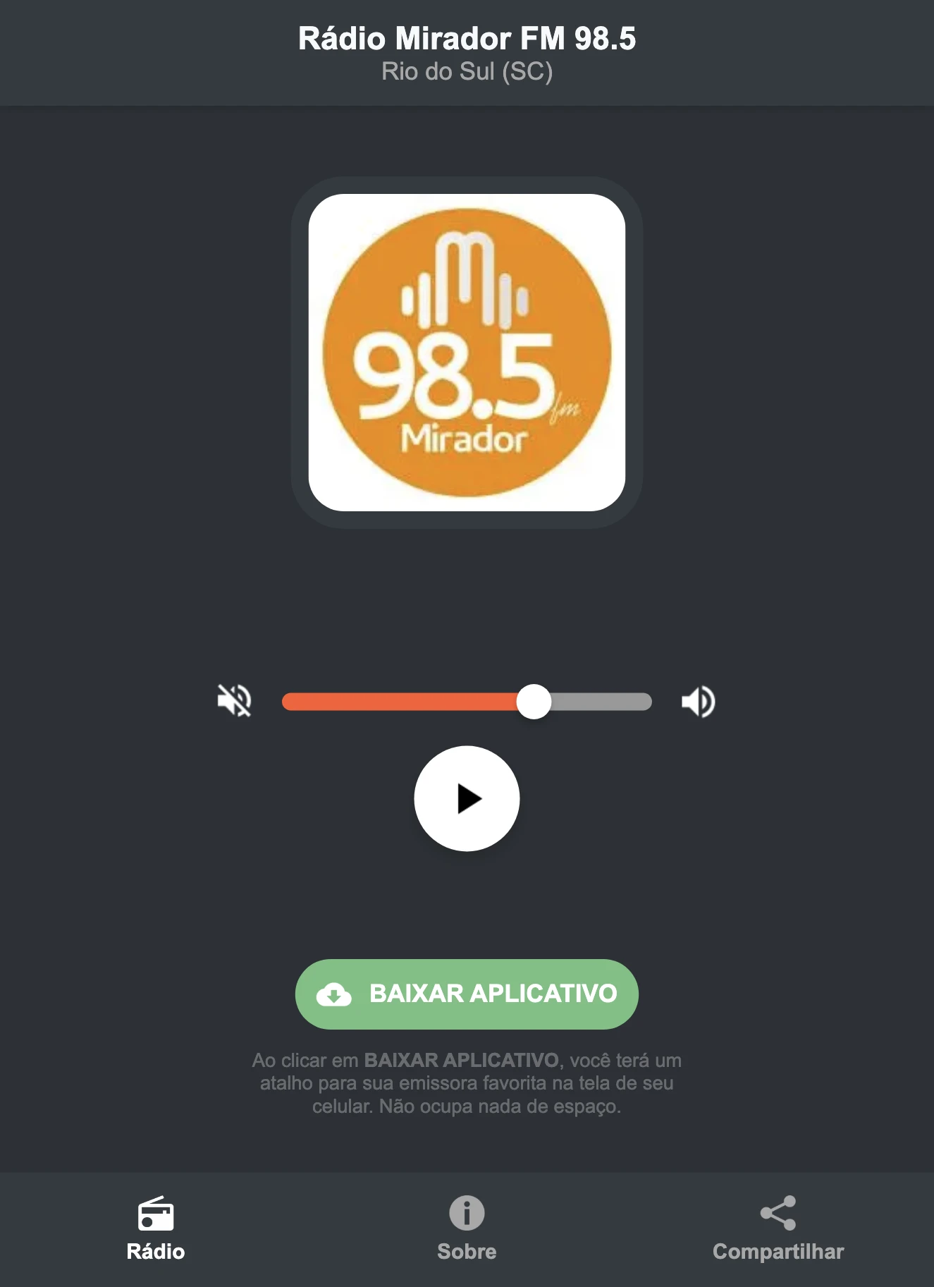 Screenshot do aplicativo da Rádio Mirador FM 98.5