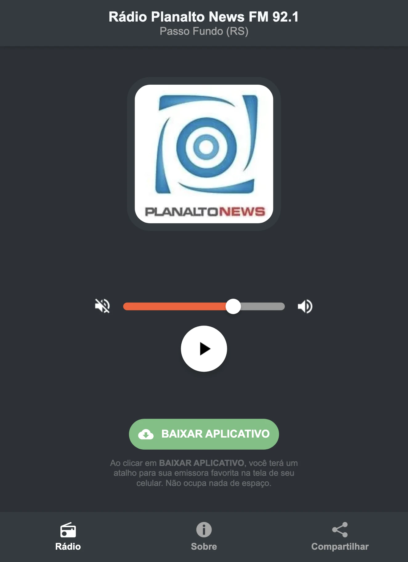 Screenshot do aplicativo da Rádio Planalto News FM 92.1