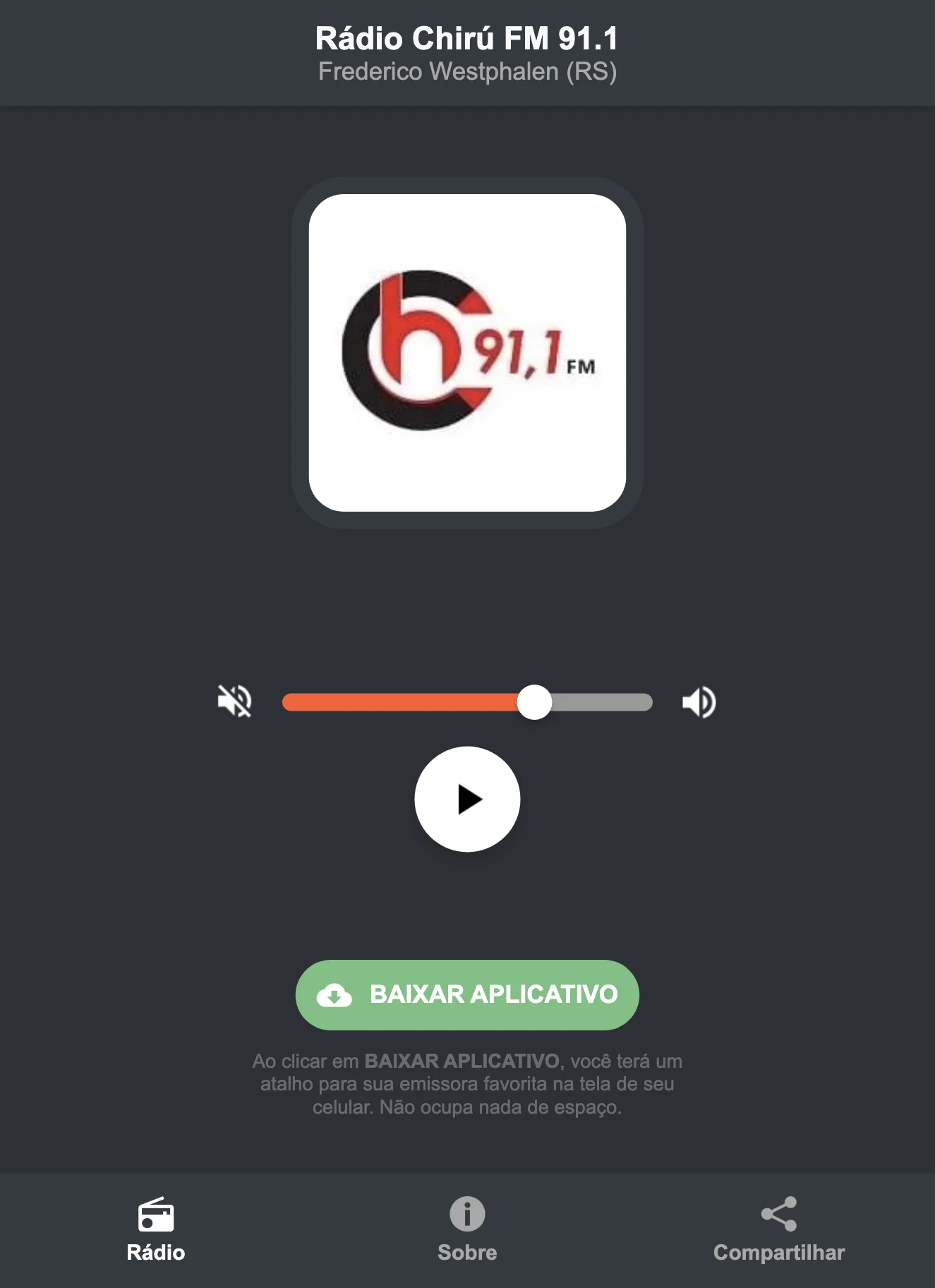 Screenshot do aplicativo da Rádio Chirú FM 91.1