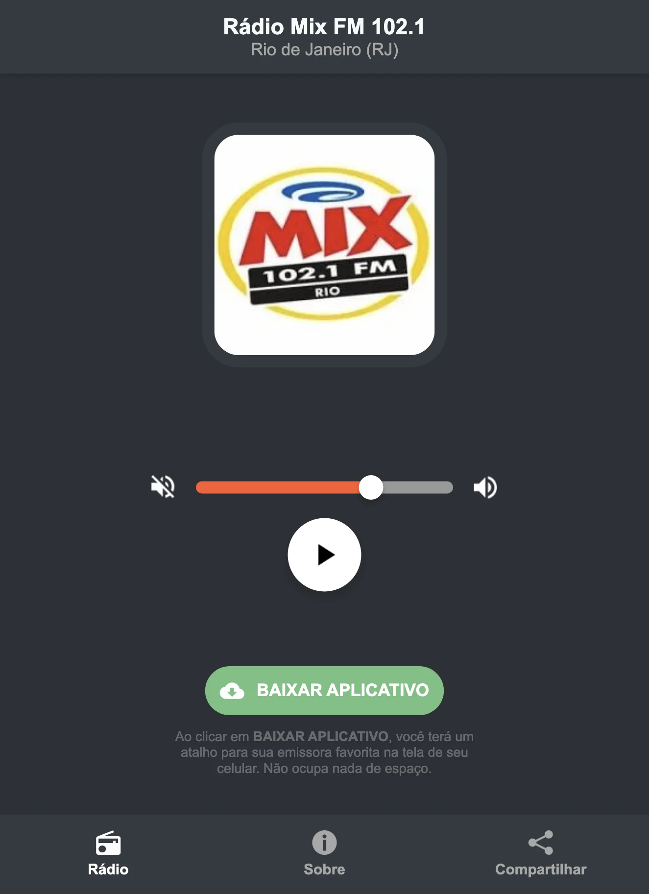Screenshot do aplicativo da Rádio Mix FM 102.1