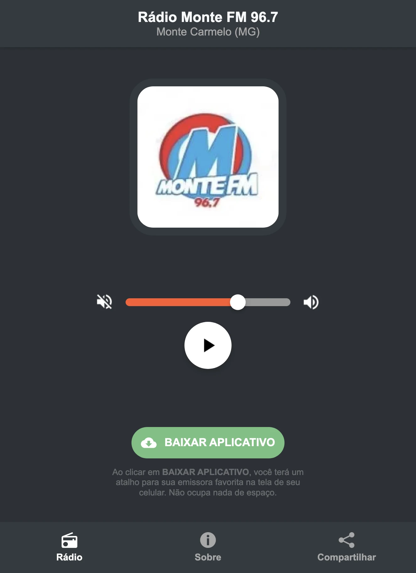 Screenshot do aplicativo da Rádio Monte FM 96.7