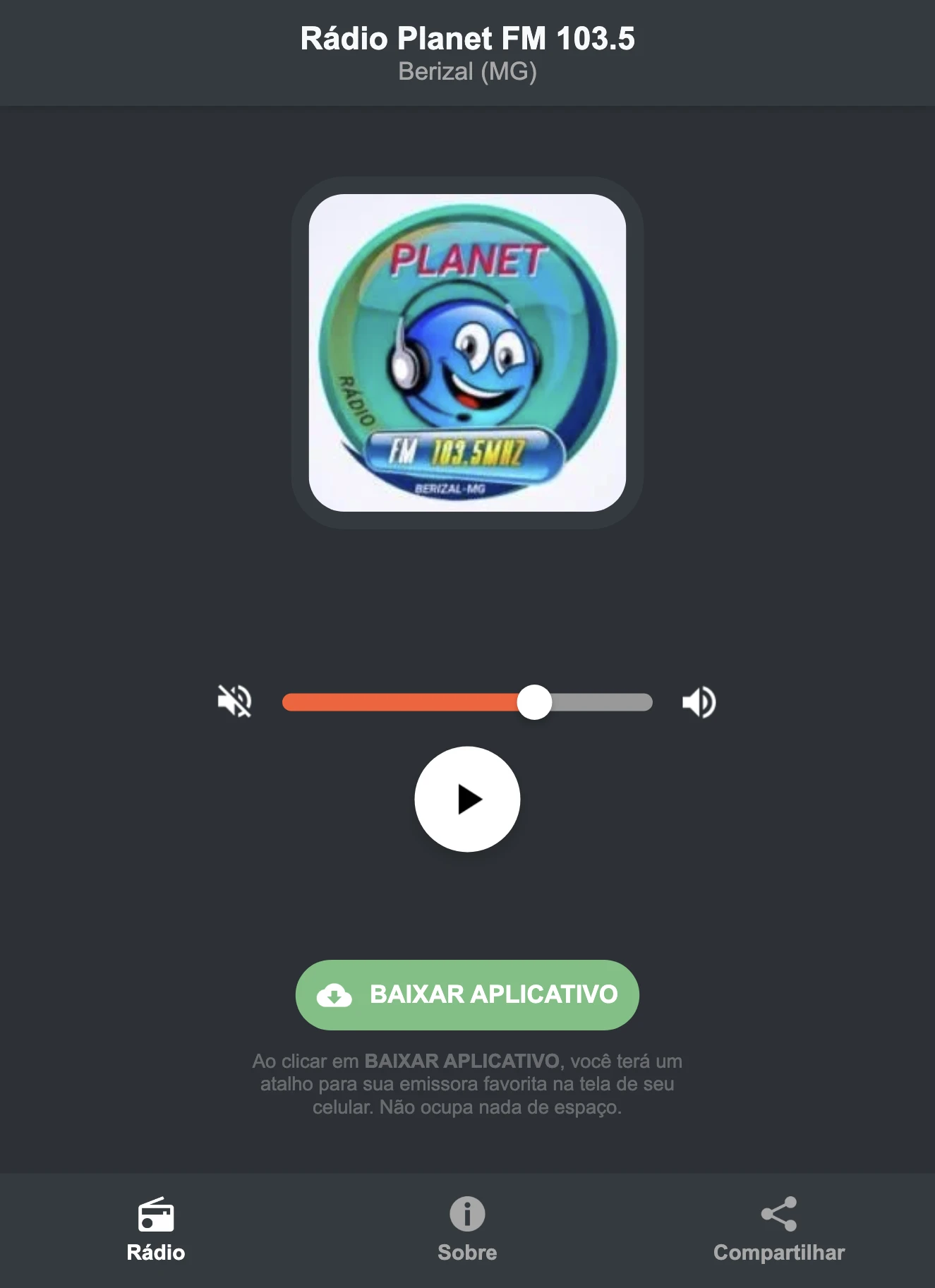 Screenshot do aplicativo da Rádio Planet FM 103.5