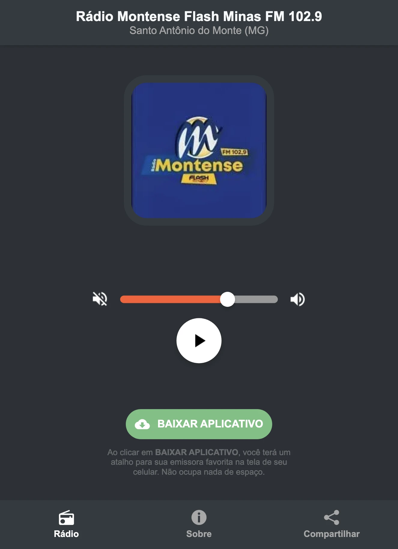 Screenshot do aplicativo da Rádio Montense Flash Minas FM 102.9