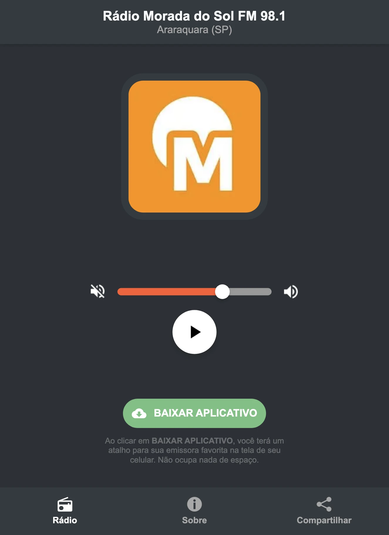 Screenshot do aplicativo da Rádio Morada do Sol FM 98.1