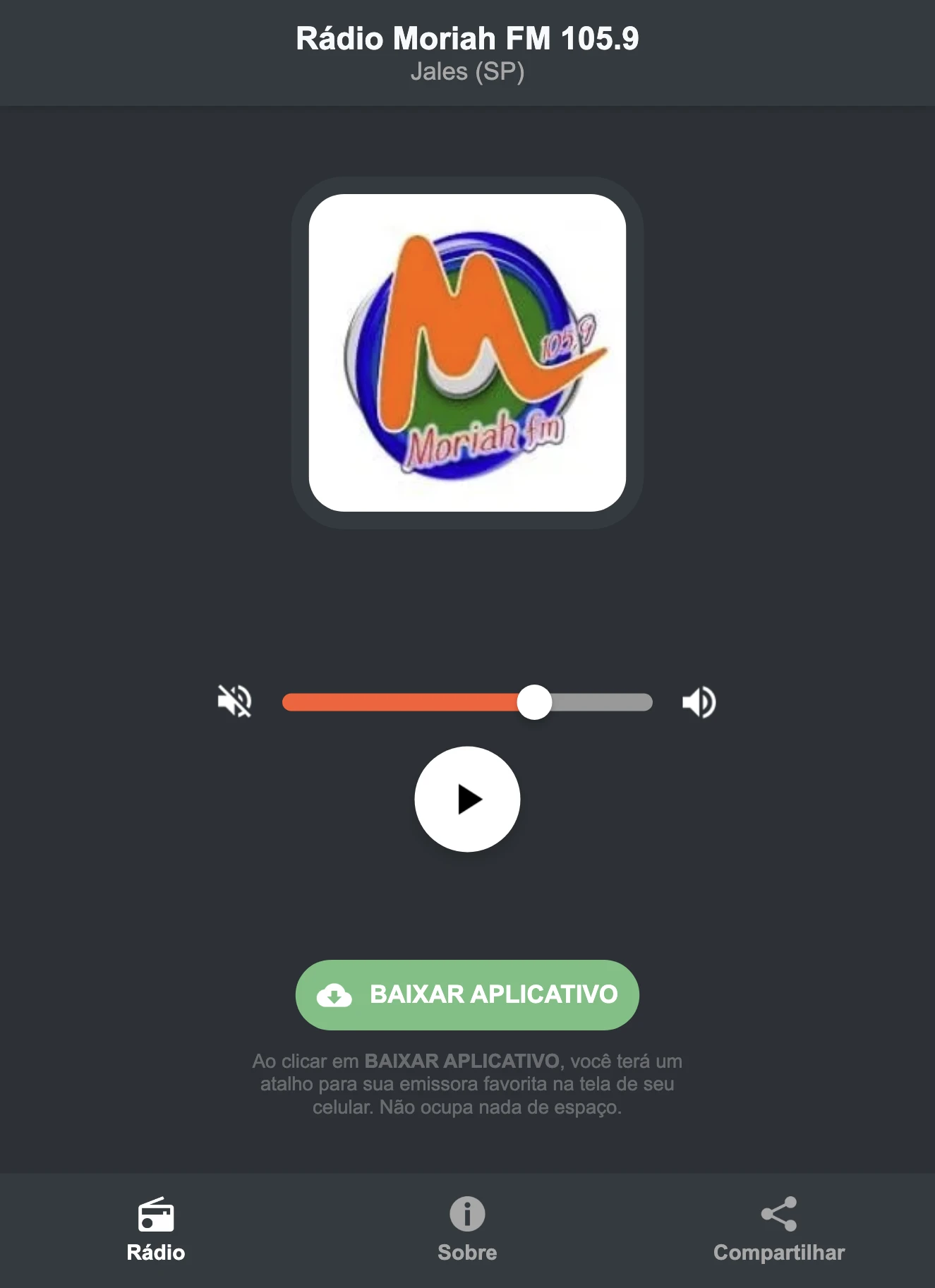 Screenshot do aplicativo da Rádio Moriah FM 105.9