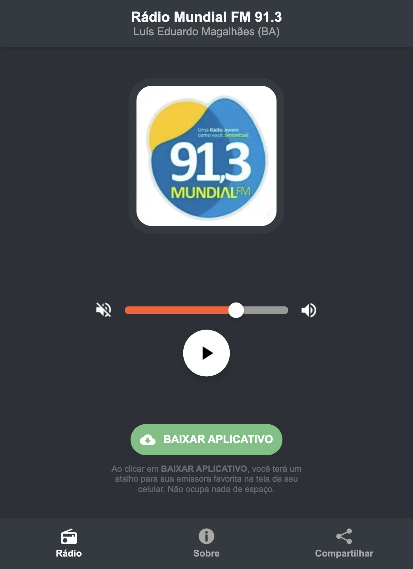 Screenshot do aplicativo da Rádio Mundial FM 91.3