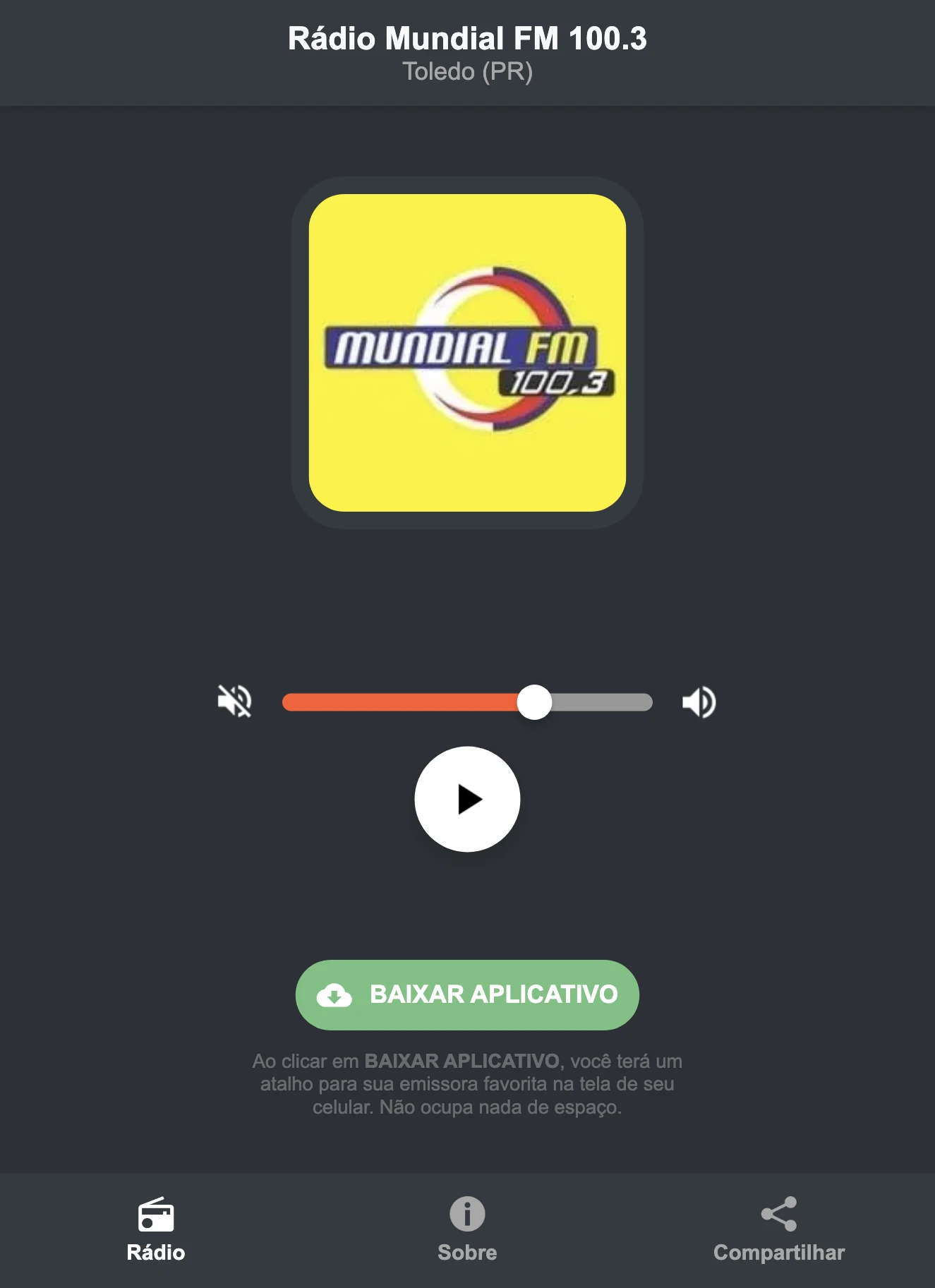 Screenshot do aplicativo da Rádio Mundial FM 100.3