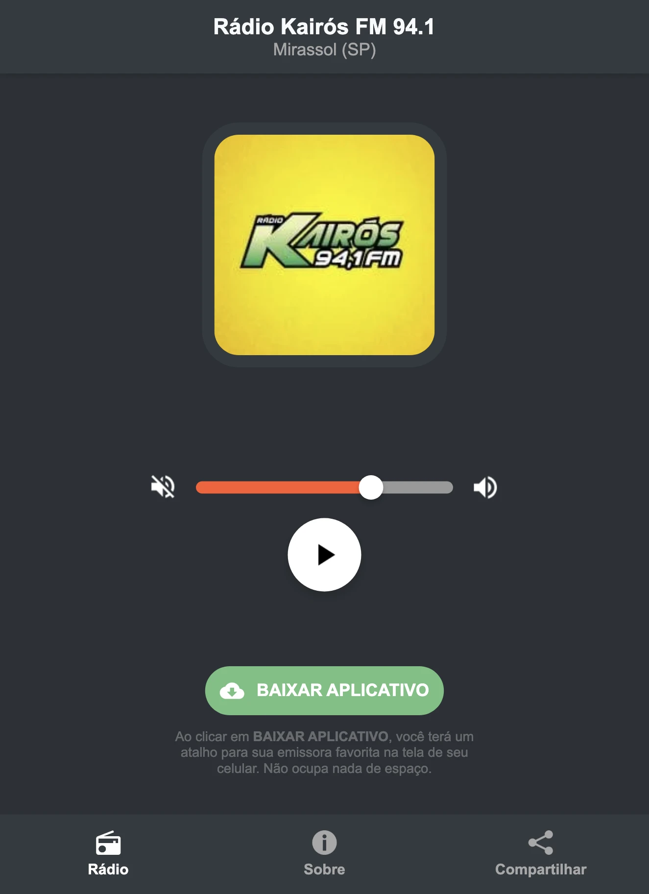 Screenshot do aplicativo da Rádio Kairós FM 94.1