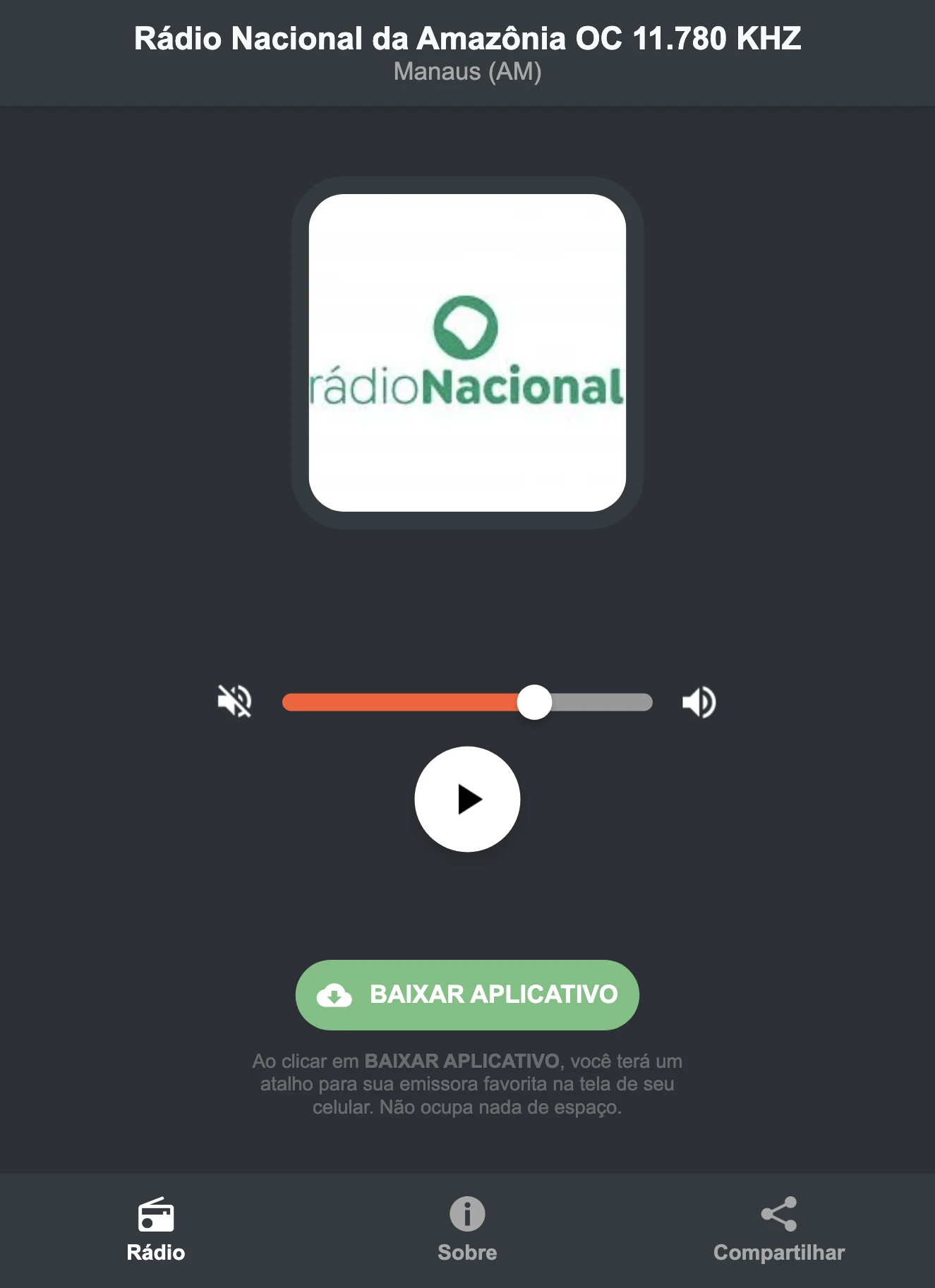 Screenshot do aplicativo da Rádio Nacional da Amazônia OC 11.780 KHZ