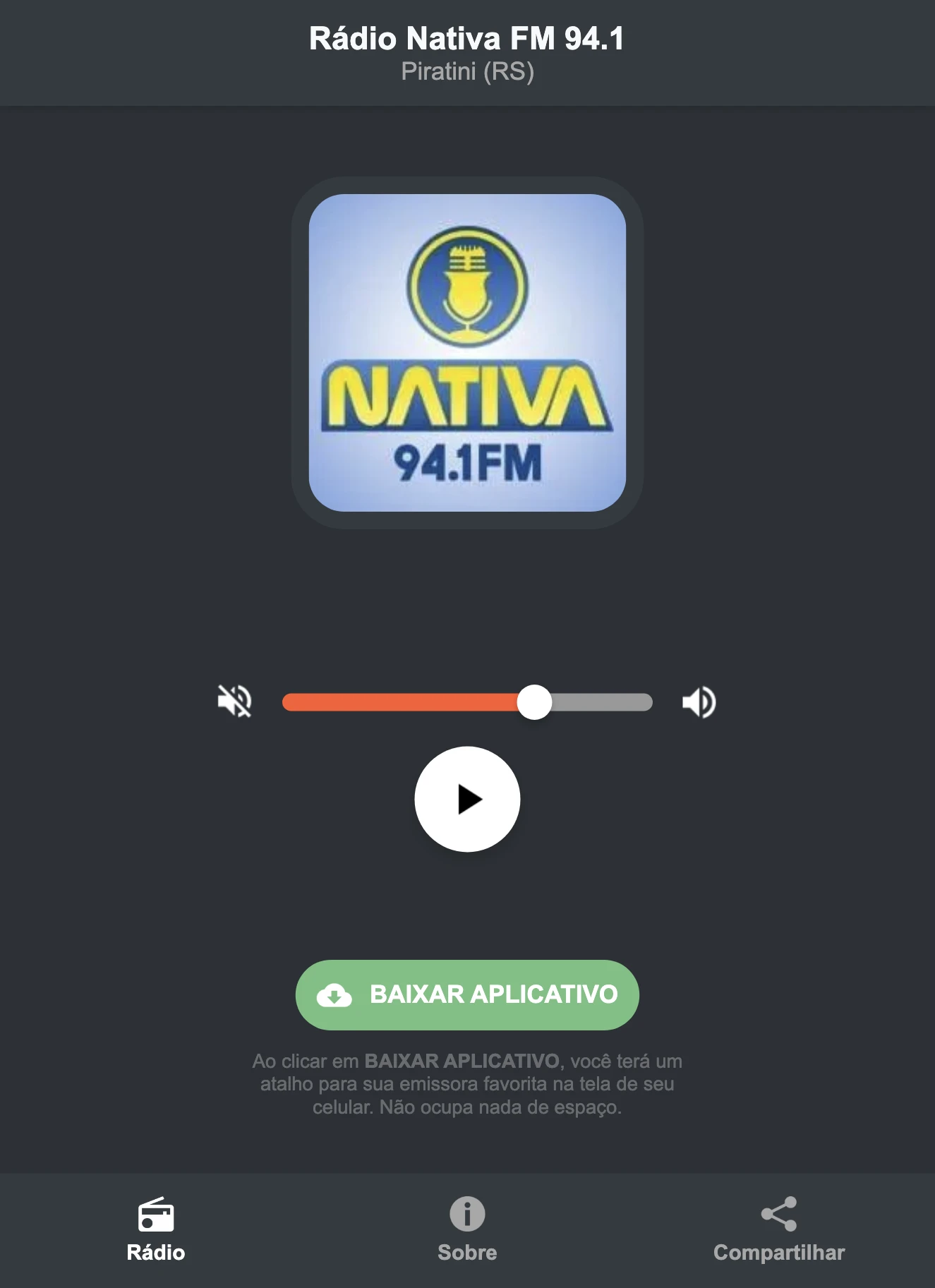 Screenshot do aplicativo da Rádio Nativa FM 94.1