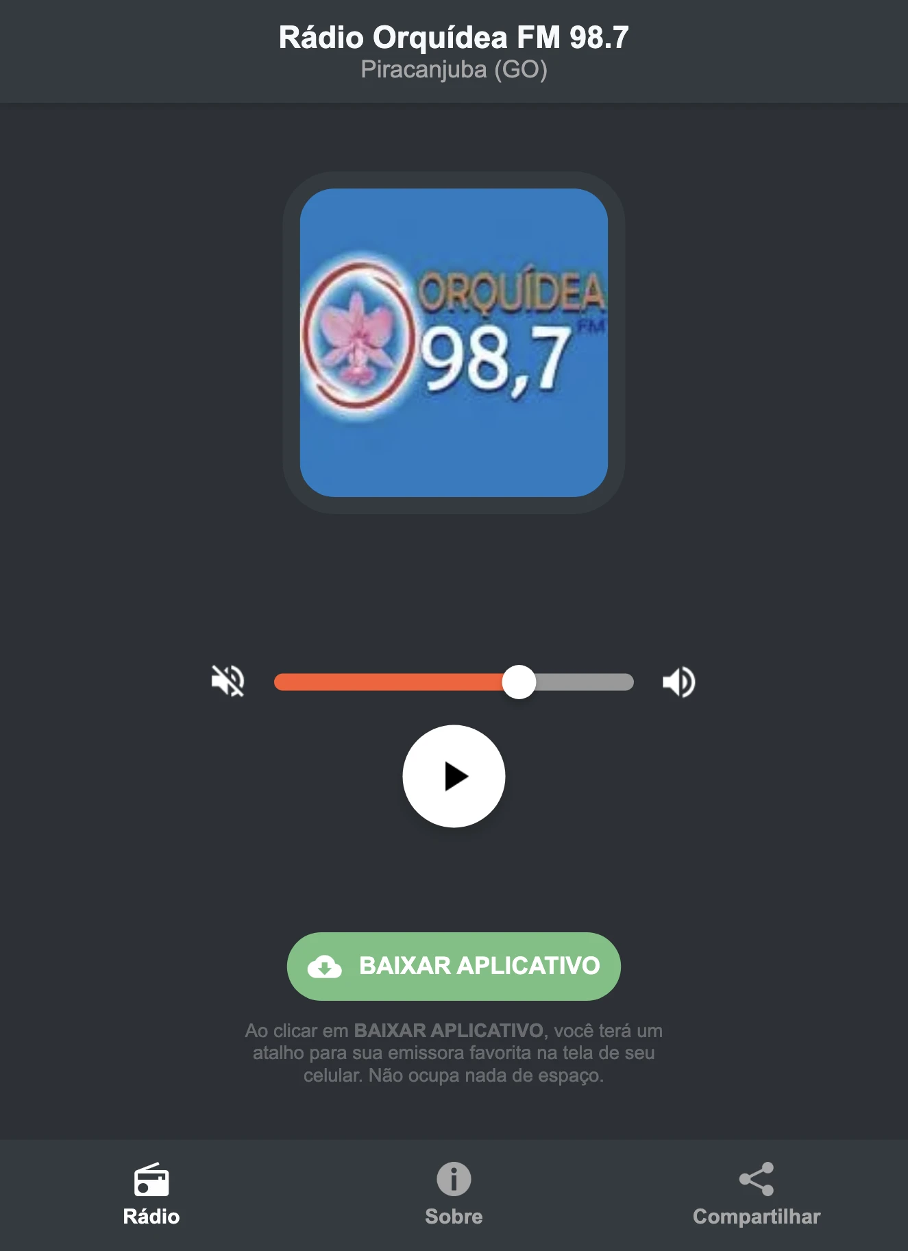 Screenshot do aplicativo da Rádio Orquídea FM 98.7
