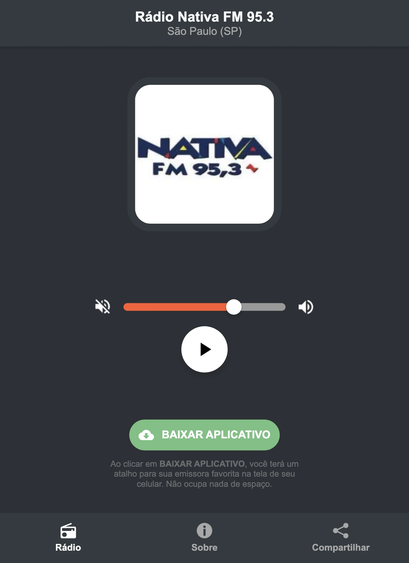 Screenshot do aplicativo da Rádio Nativa FM 95.3