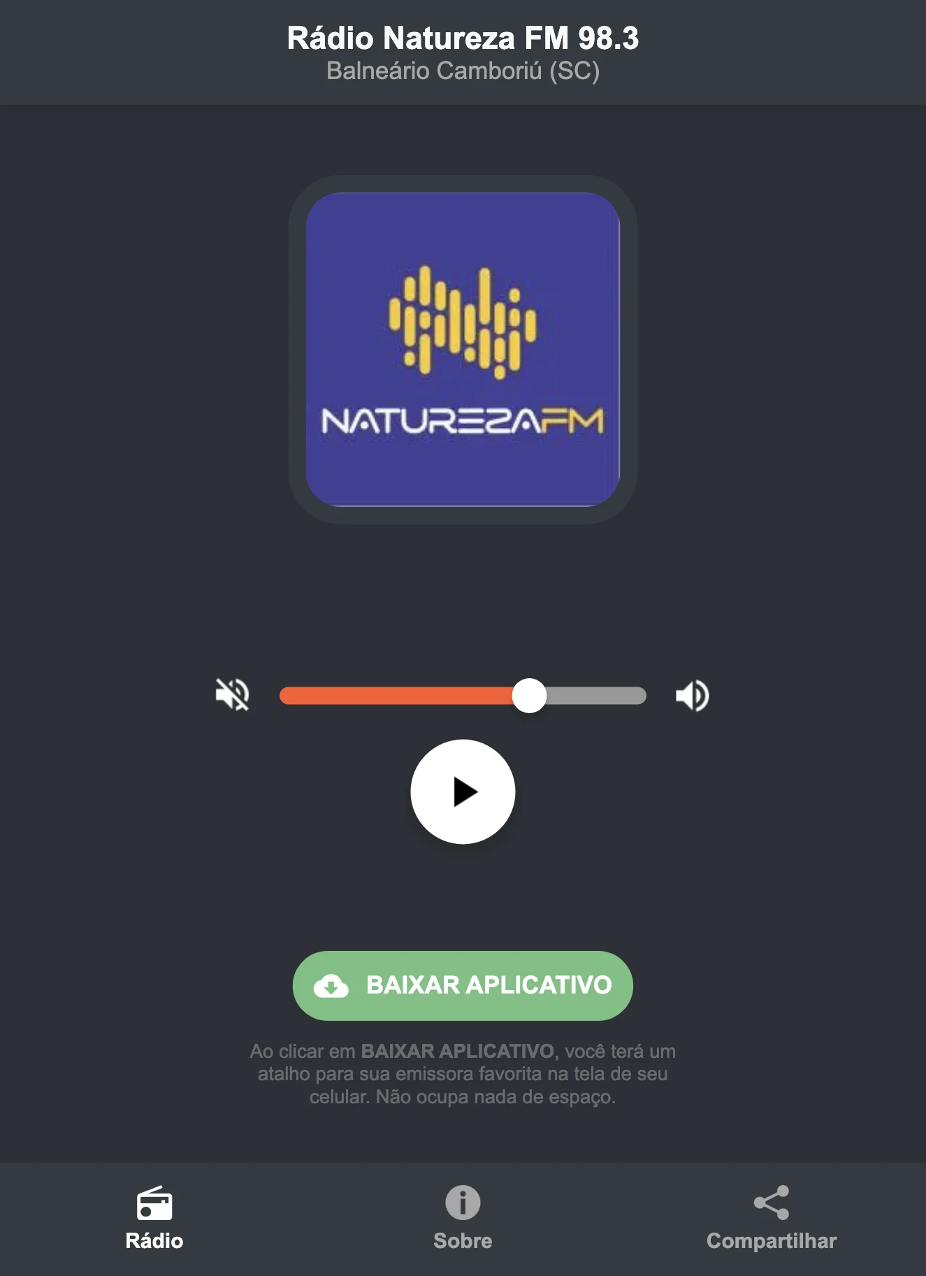 Screenshot do aplicativo da Rádio Natureza FM 98.3