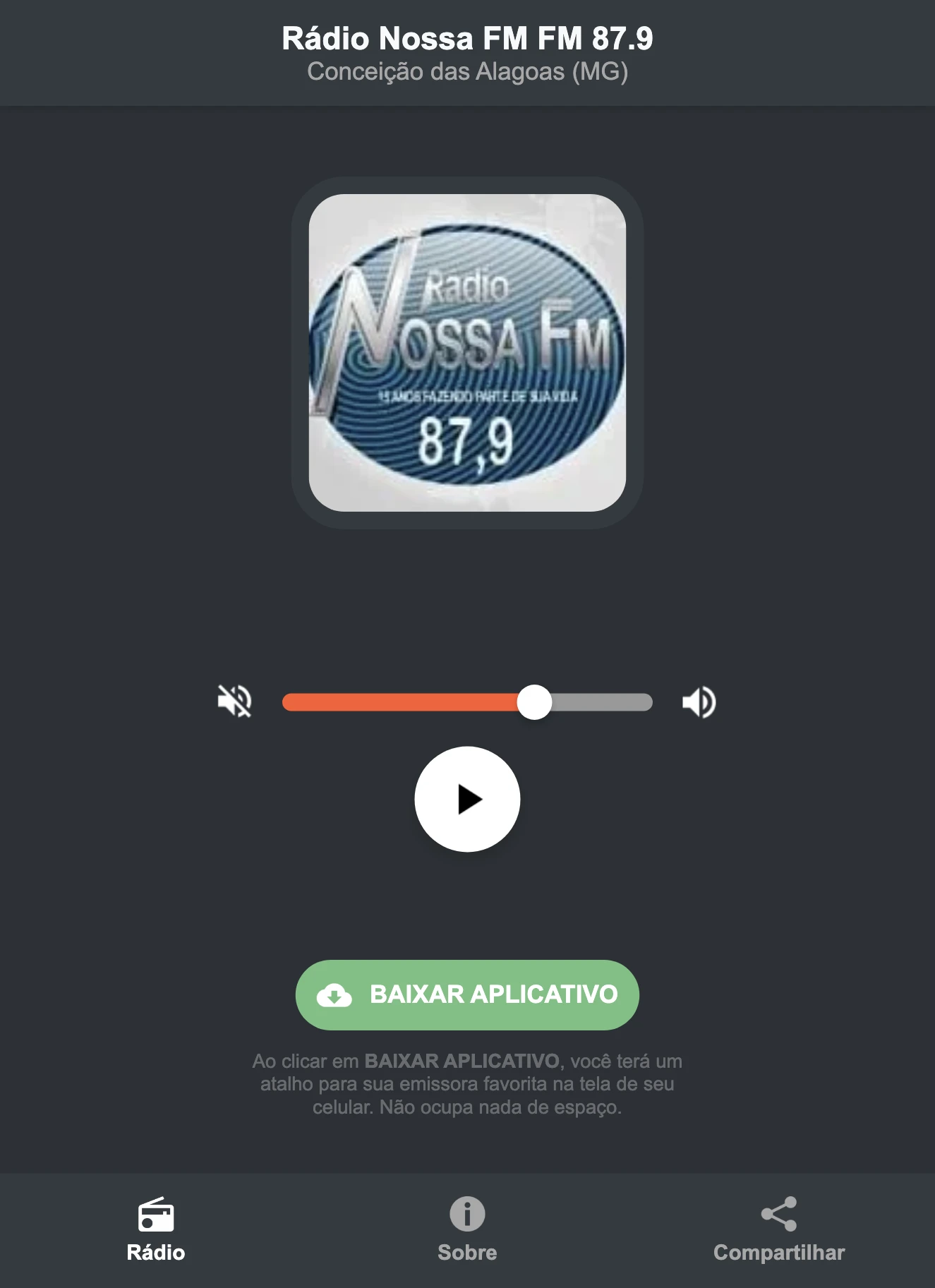 Screenshot do aplicativo da Rádio Nossa FM FM 87.9