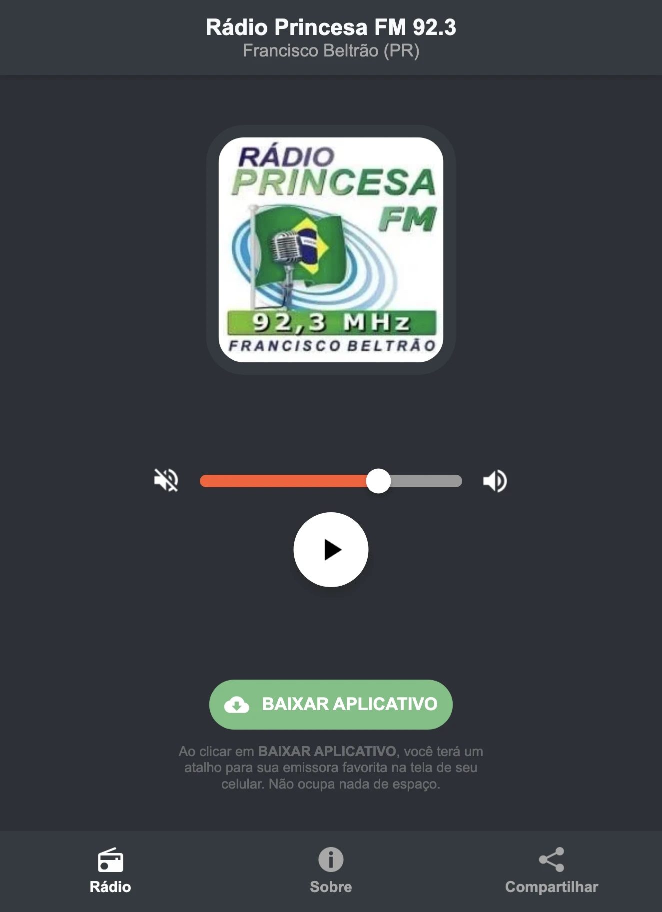 Screenshot do aplicativo da Rádio Princesa FM 92.3