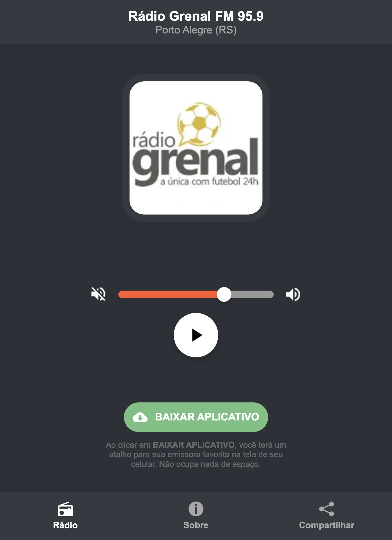 Screenshot do aplicativo da Rádio Grenal FM 95.9