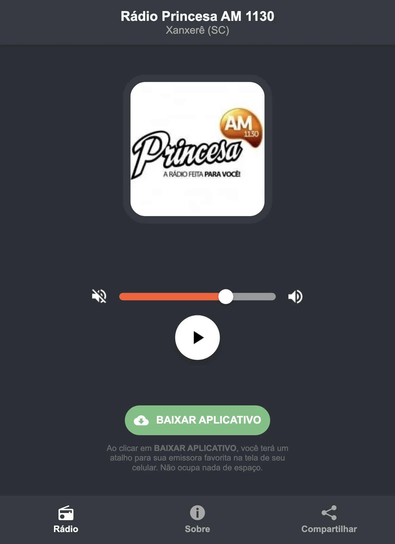 Screenshot do aplicativo da Rádio Princesa AM 1130
