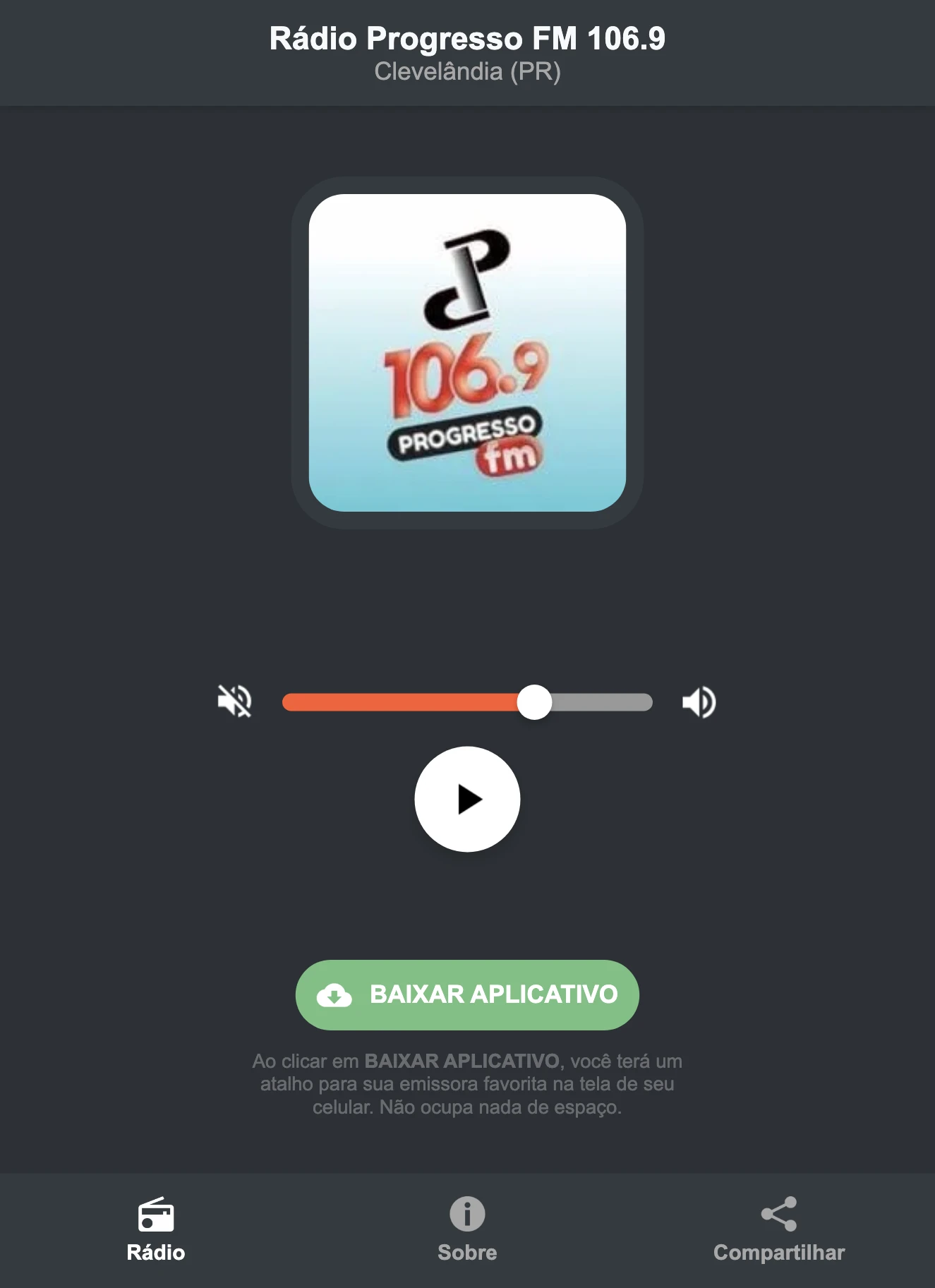 Screenshot do aplicativo da Rádio Progresso FM 106.9