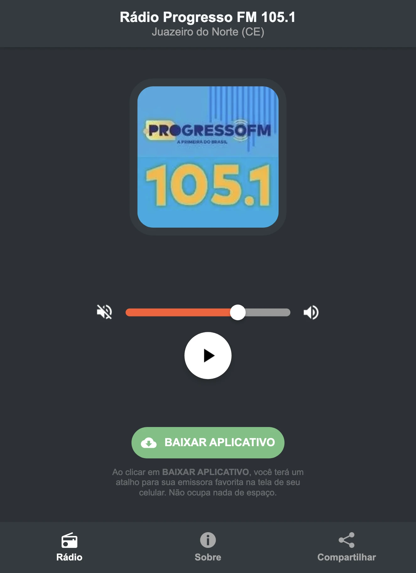 Screenshot do aplicativo da Rádio Progresso FM 105.1