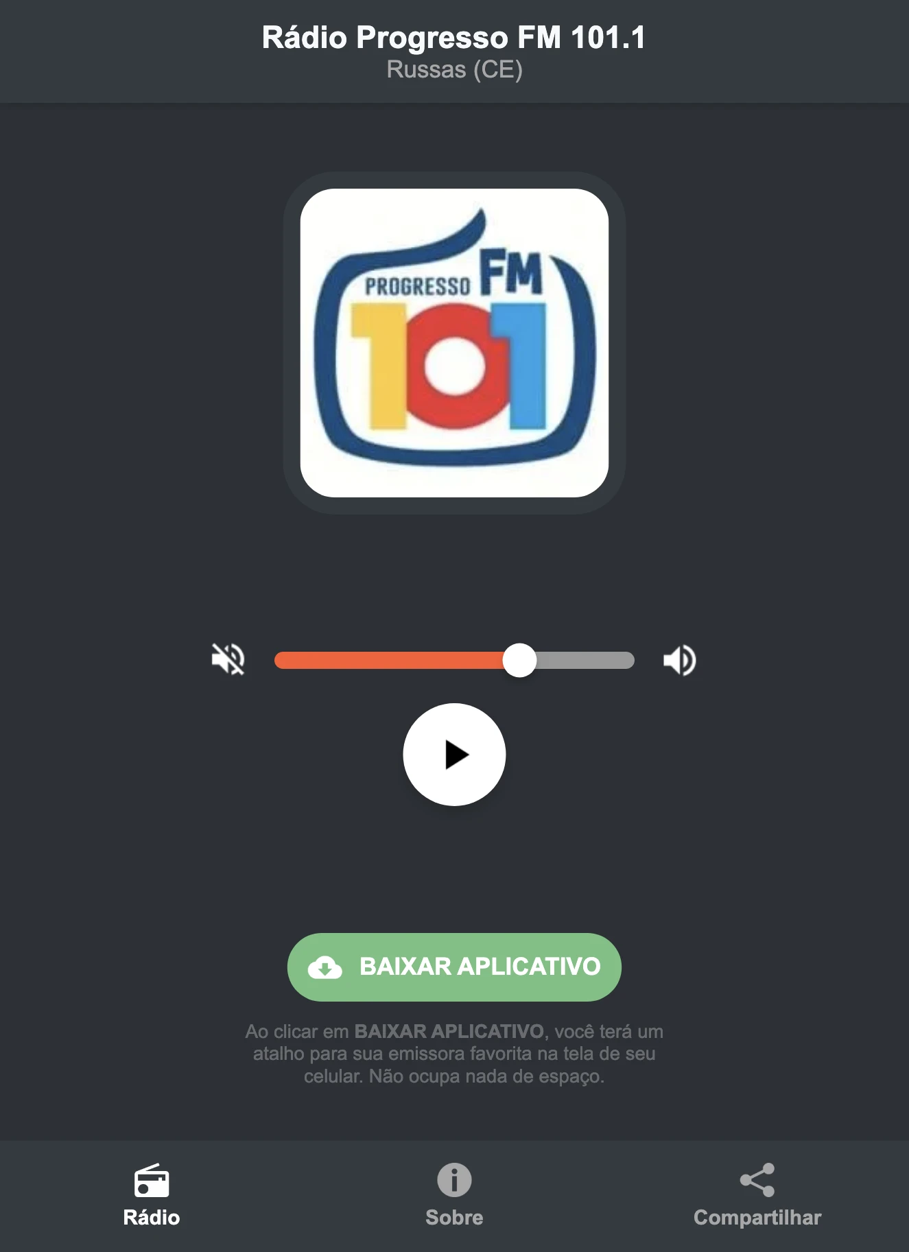 Screenshot do aplicativo da Rádio Progresso FM 101.1