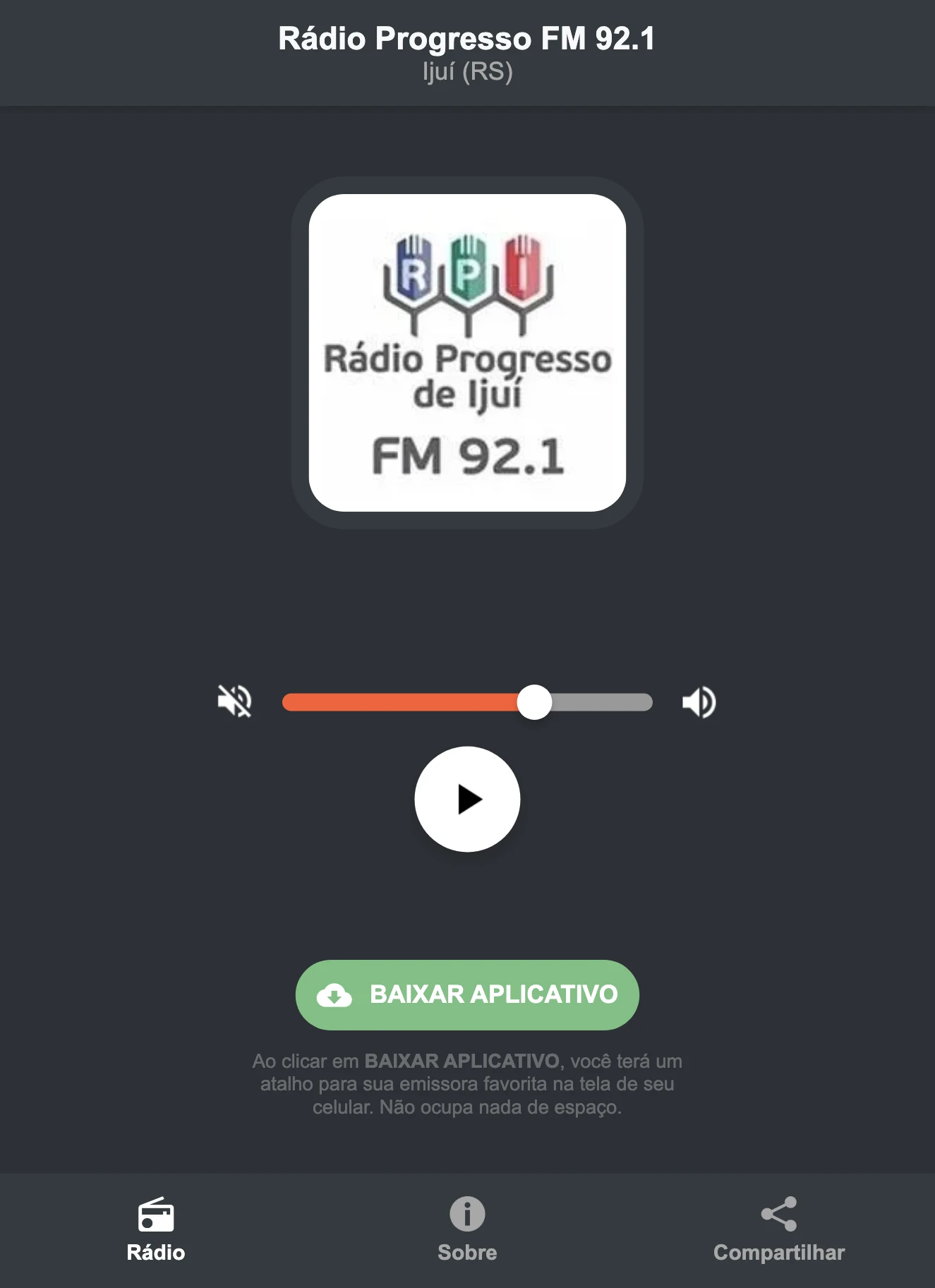 Screenshot do aplicativo da Rádio Progresso FM 92.1