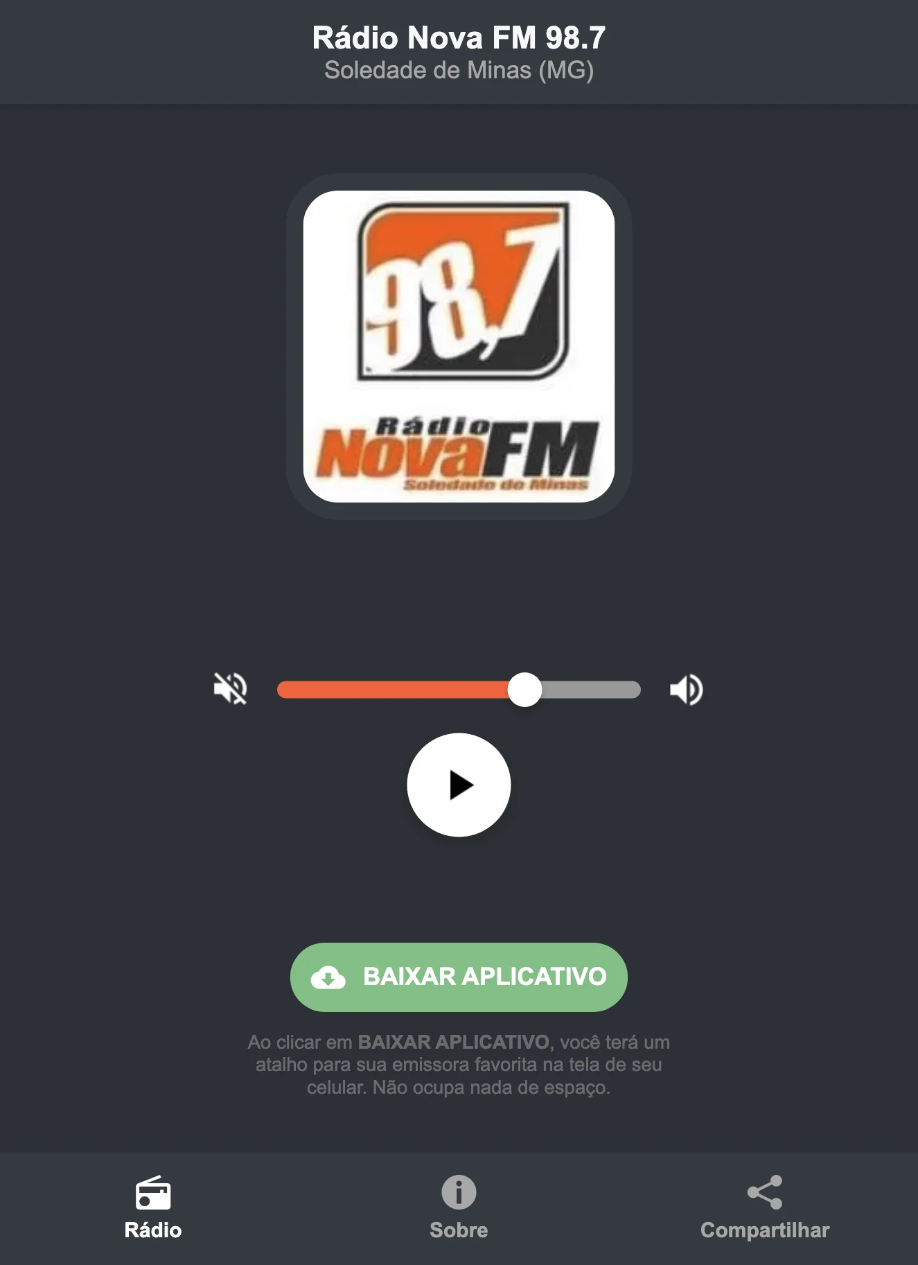 Screenshot do aplicativo da Rádio Nova FM 98.7