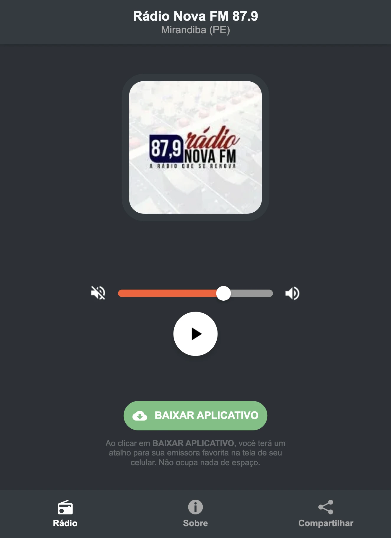 Screenshot do aplicativo da Rádio Nova FM 87.9