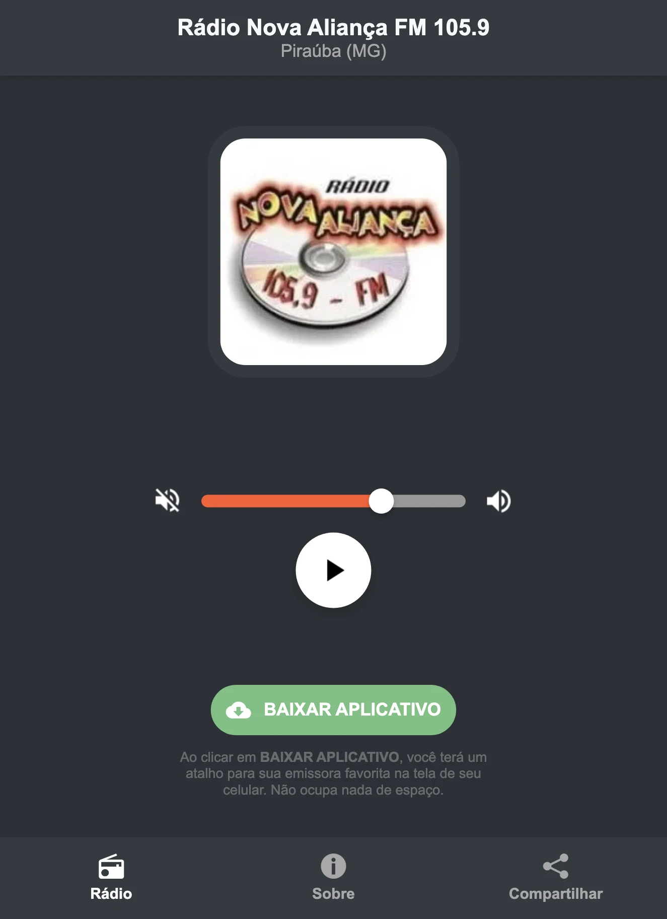 Screenshot do aplicativo da Rádio Nova Aliança FM 105.9