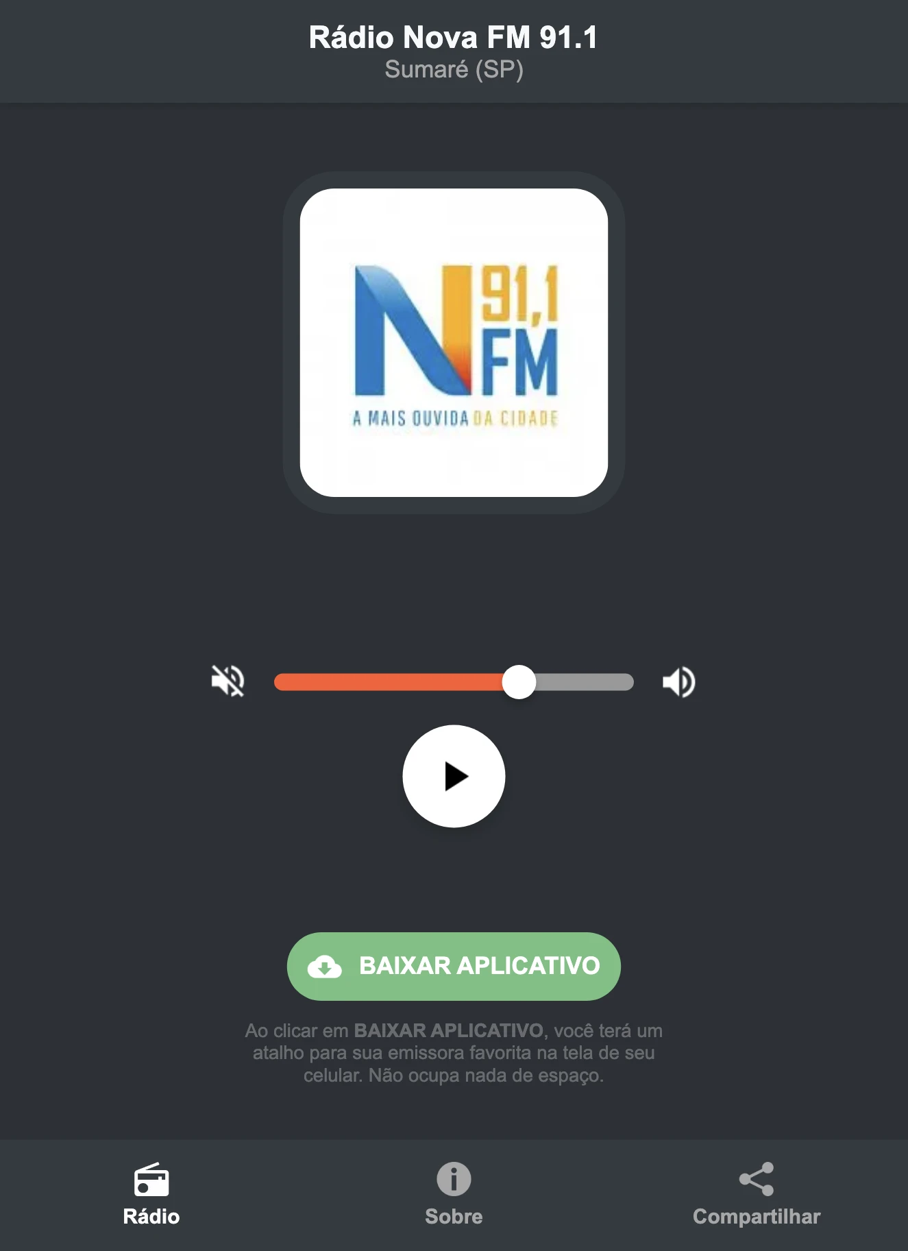 Screenshot do aplicativo da Rádio Nova FM 91.1