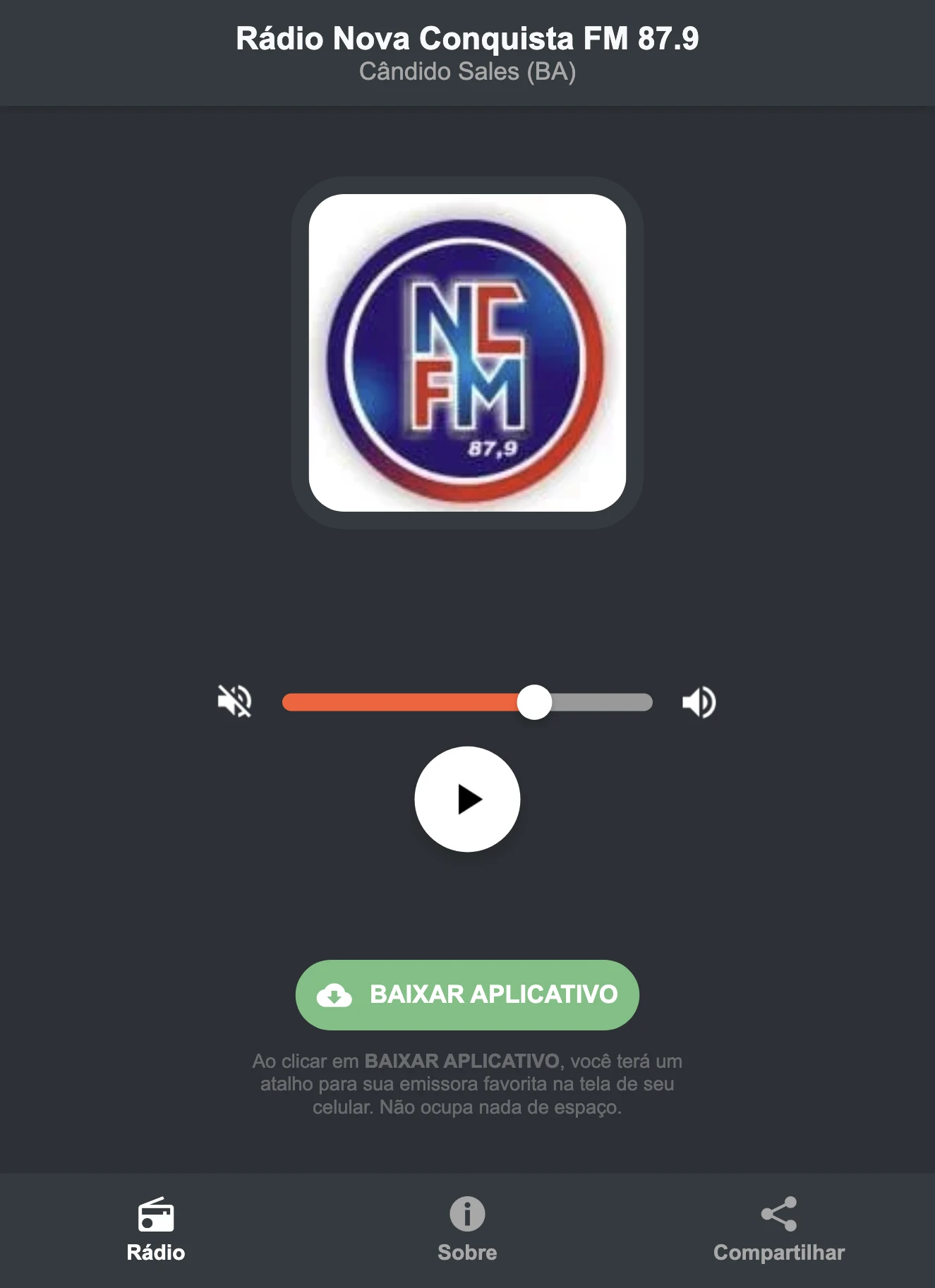 Screenshot do aplicativo da Rádio Nova Conquista FM 87.9
