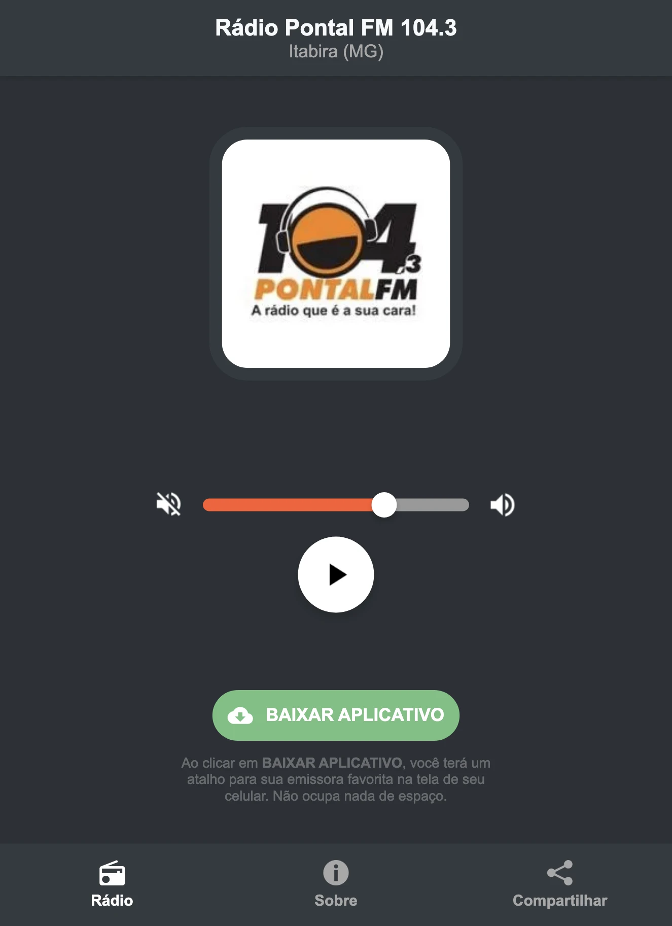 Screenshot do aplicativo da Rádio Pontal FM 104.3