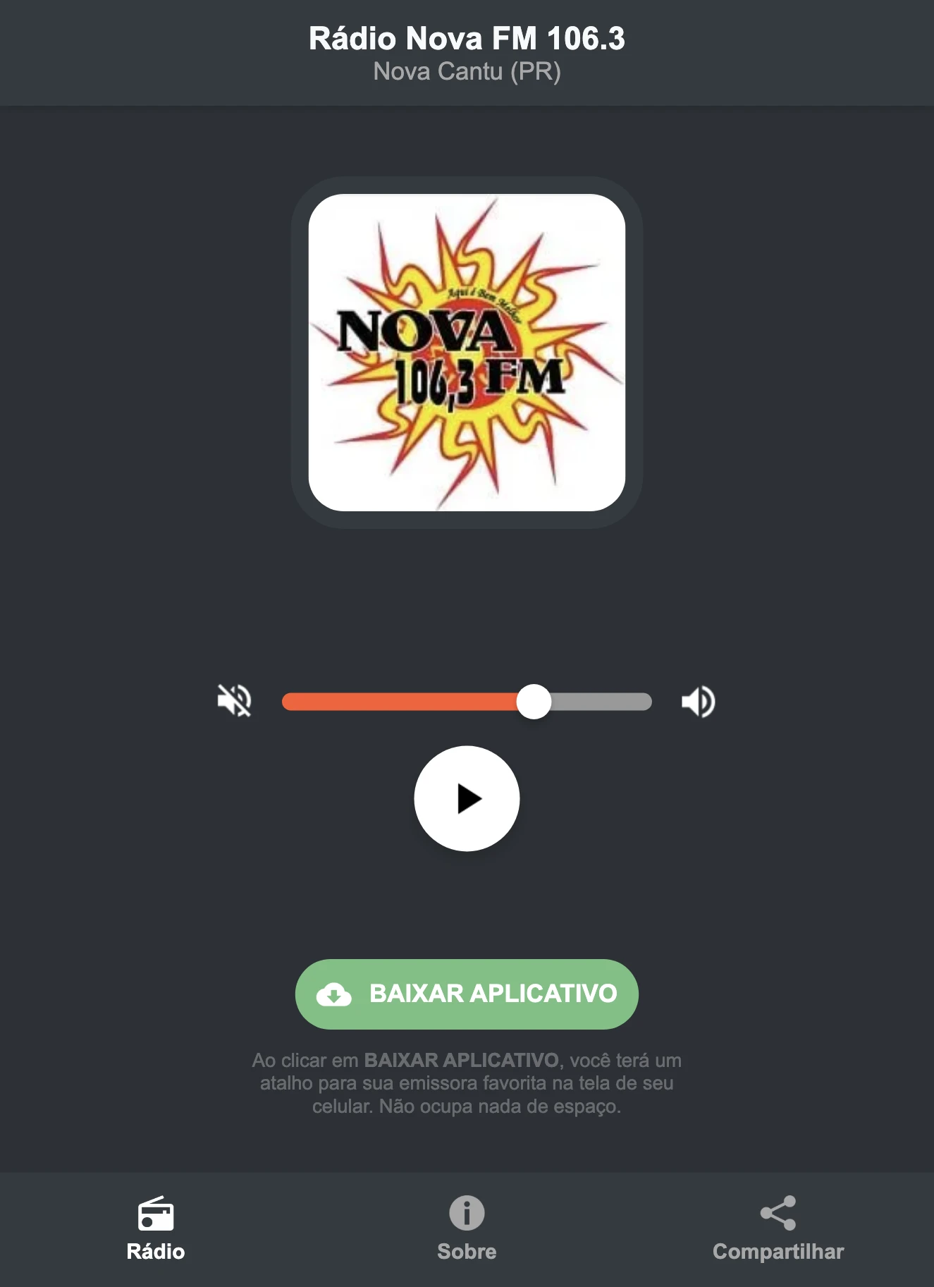 Screenshot do aplicativo da Rádio Nova FM 106.3
