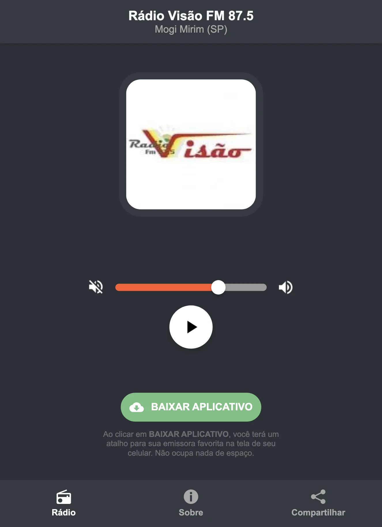 Screenshot do aplicativo da Rádio Visão FM 87.5