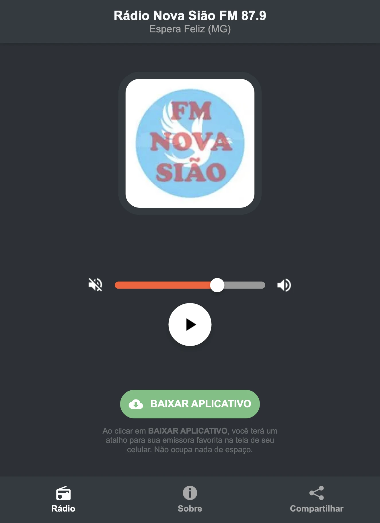 Screenshot do aplicativo da Rádio Nova Sião FM 87.9