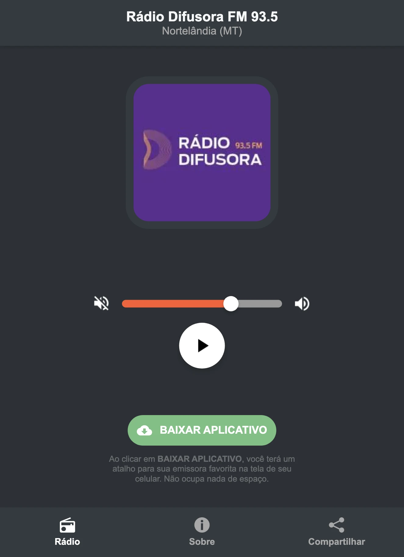 Screenshot do aplicativo da Rádio Difusora FM 93.5