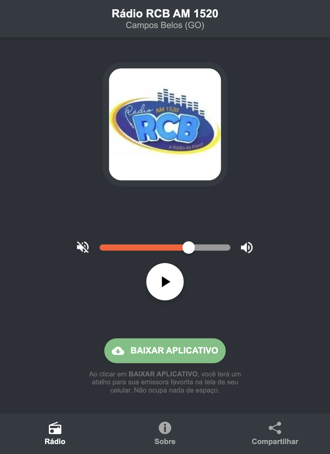 Screenshot do aplicativo da Rádio RCB AM 1520