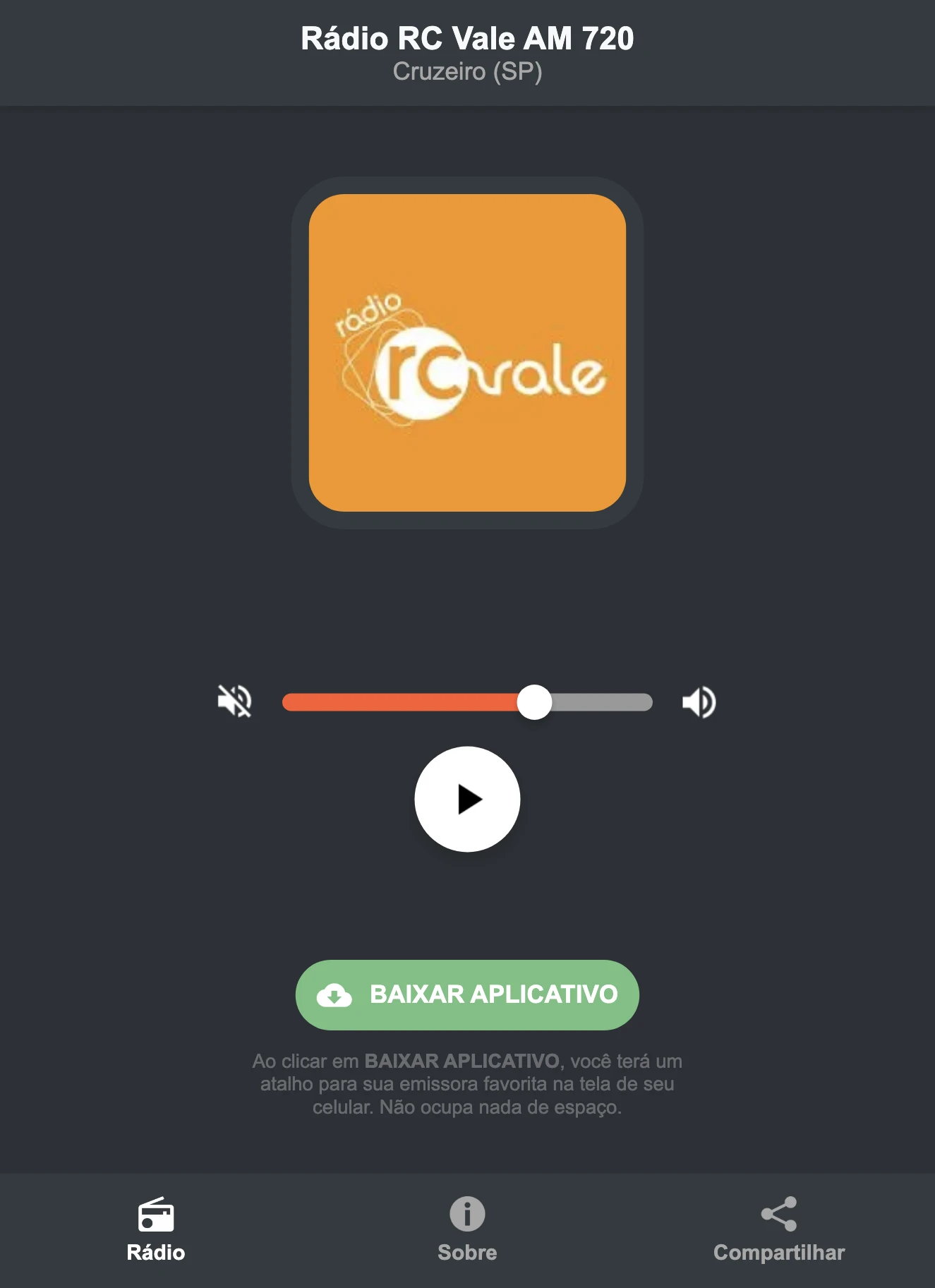 Screenshot do aplicativo da Rádio RC Vale AM 720