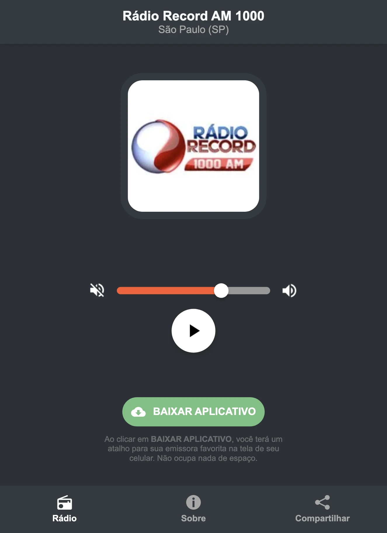 Screenshot do aplicativo da Rádio Record AM 1000