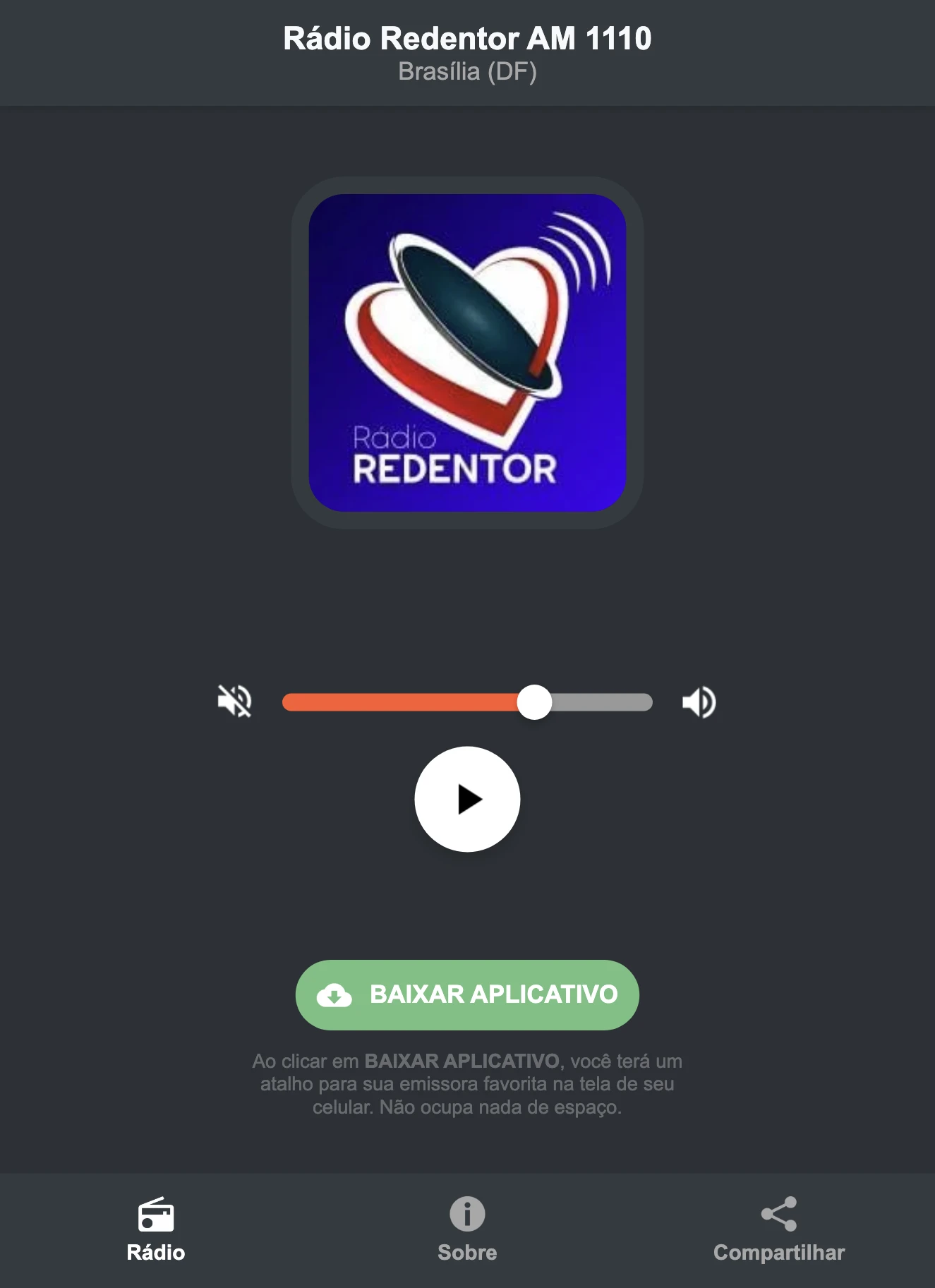 Screenshot do aplicativo da Rádio Redentor AM 1110