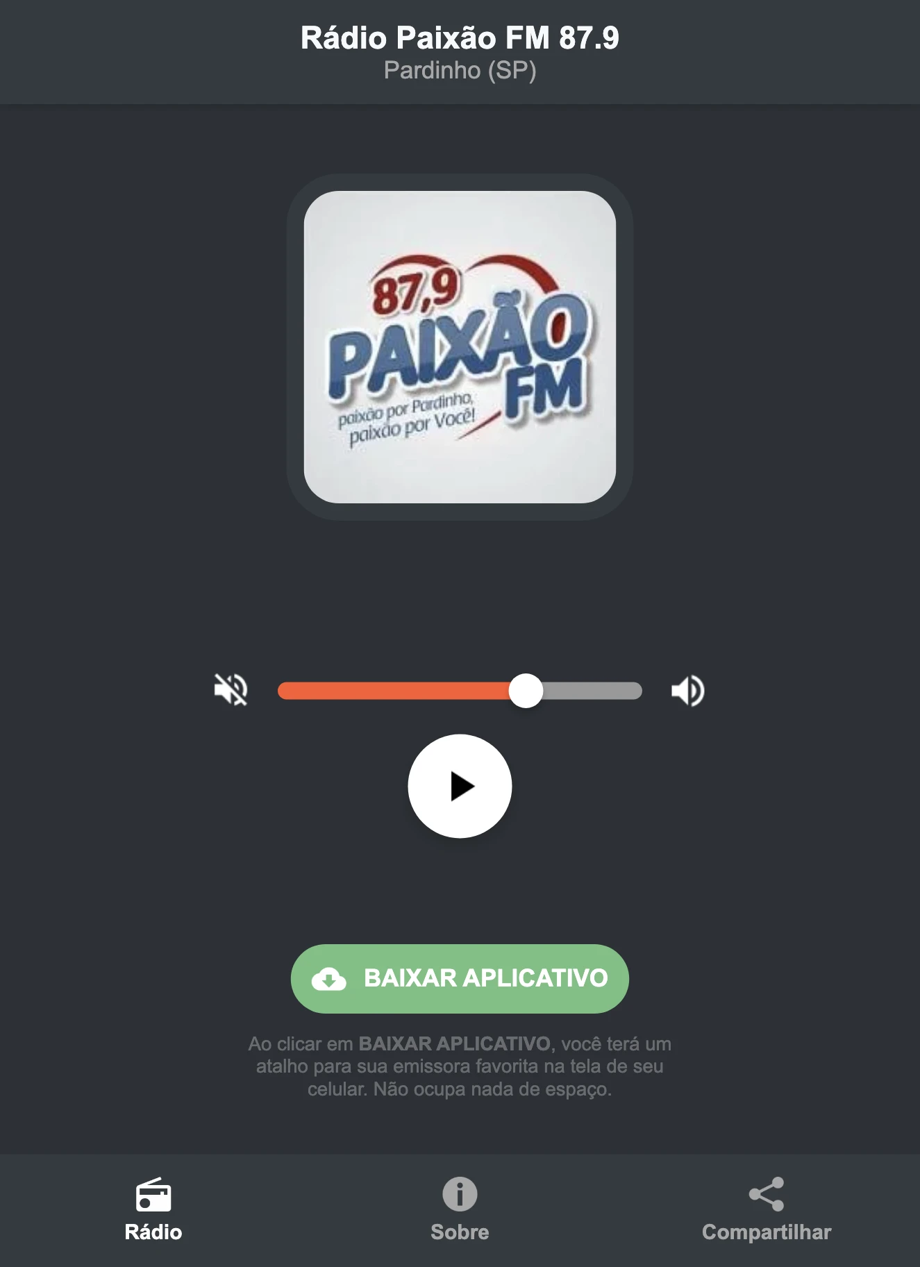 Screenshot do aplicativo da Rádio Paixão FM 87.9