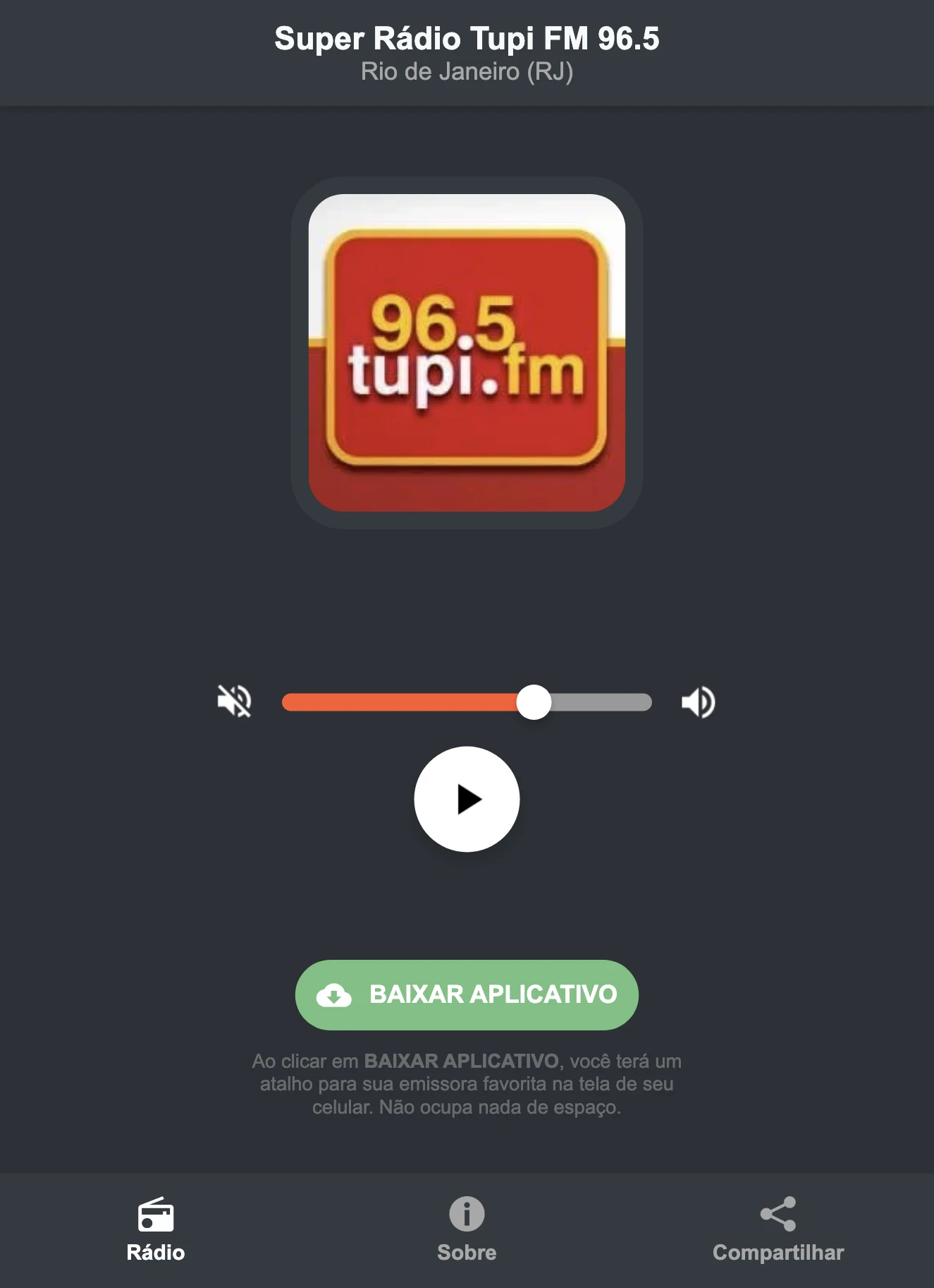 Screenshot do aplicativo da Super Rádio Tupi FM 96.5
