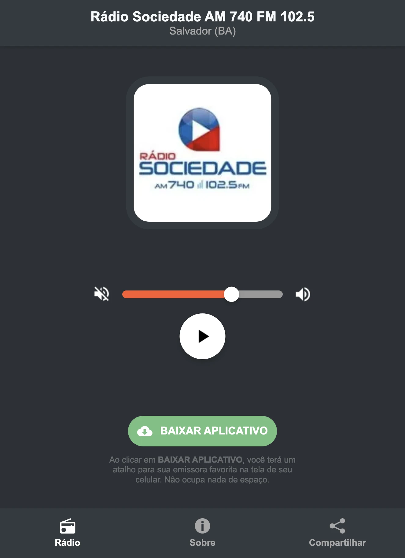Screenshot do aplicativo da Rádio Sociedade AM 740 FM 102.5