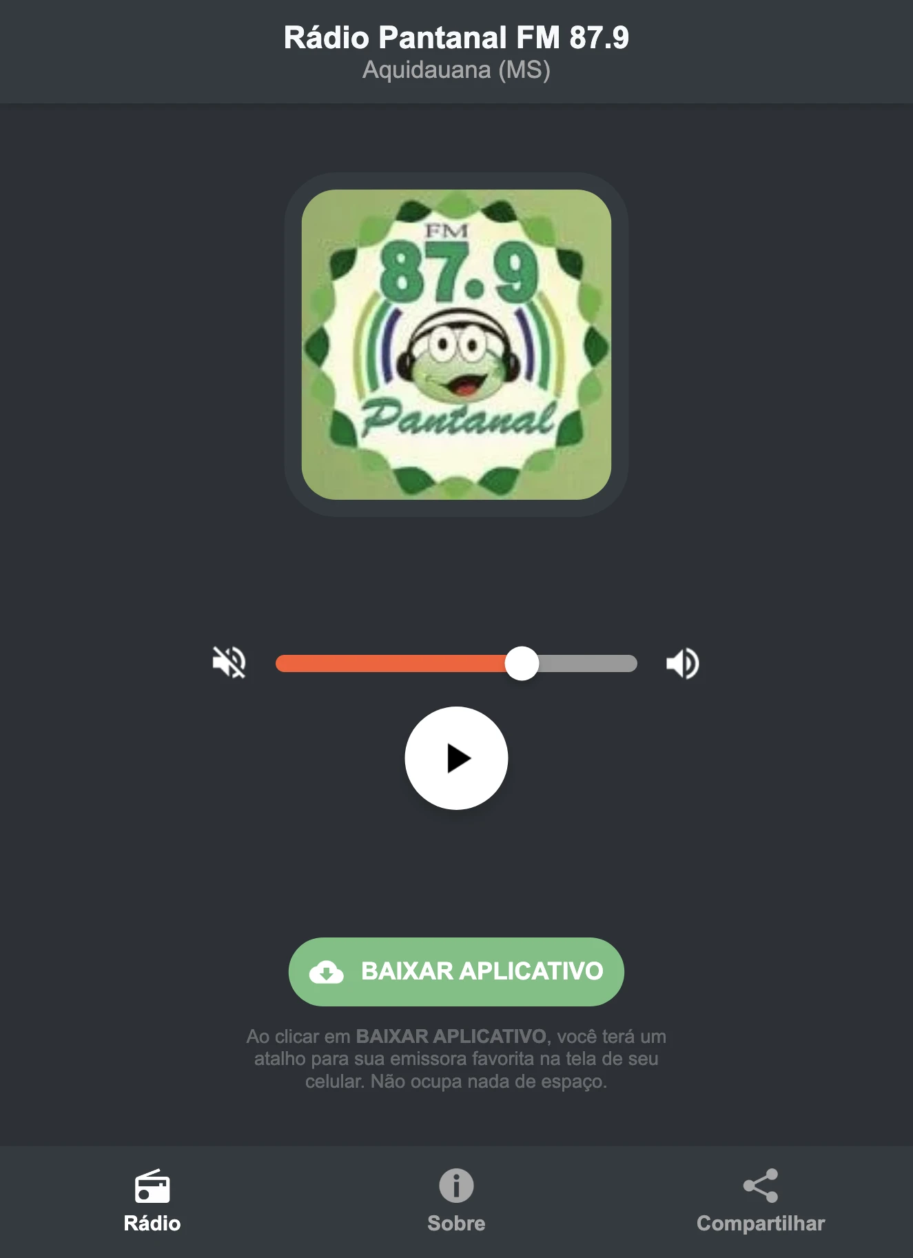 Screenshot do aplicativo da Rádio Pantanal FM 87.9