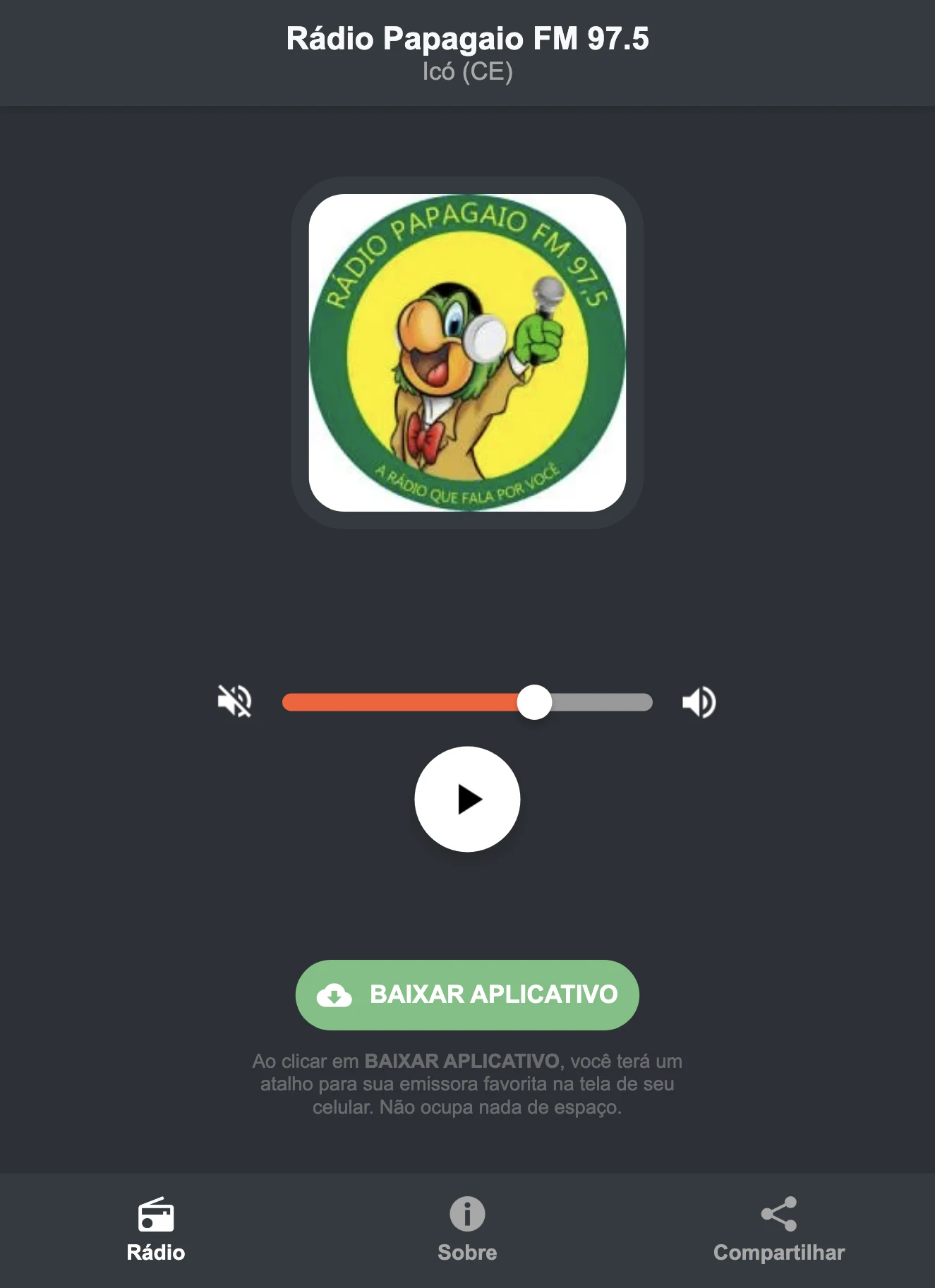 Screenshot do aplicativo da Rádio Papagaio FM 97.5