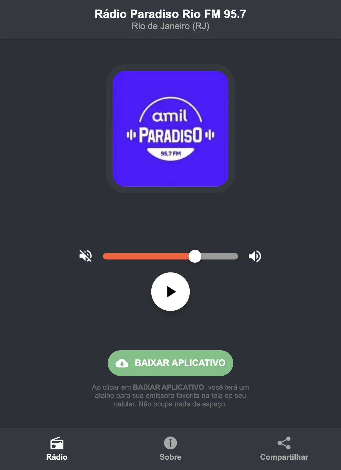 Screenshot do aplicativo da Rádio Paradiso Rio FM 95.7