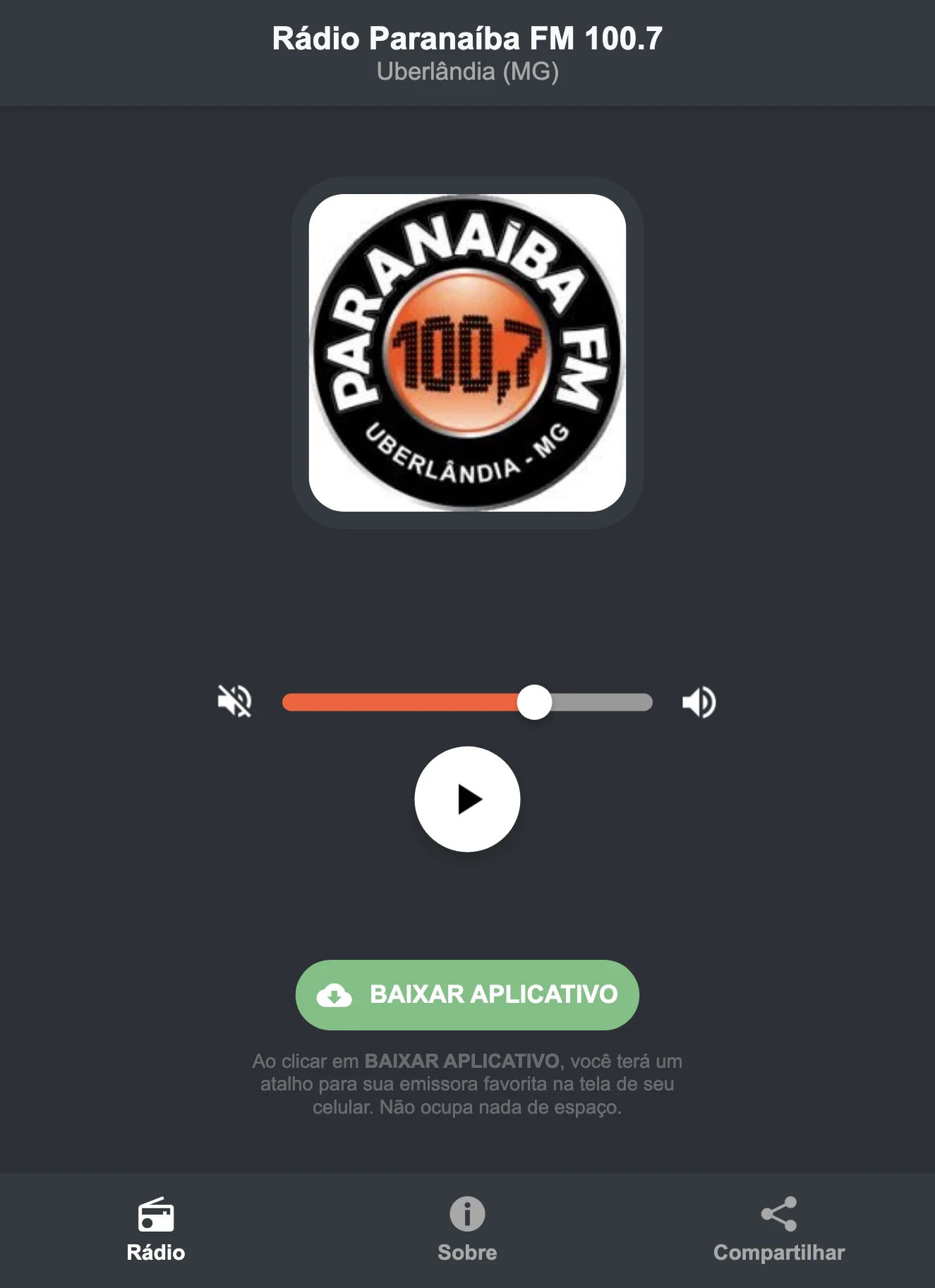 Screenshot do aplicativo da Rádio Paranaíba FM 100.7