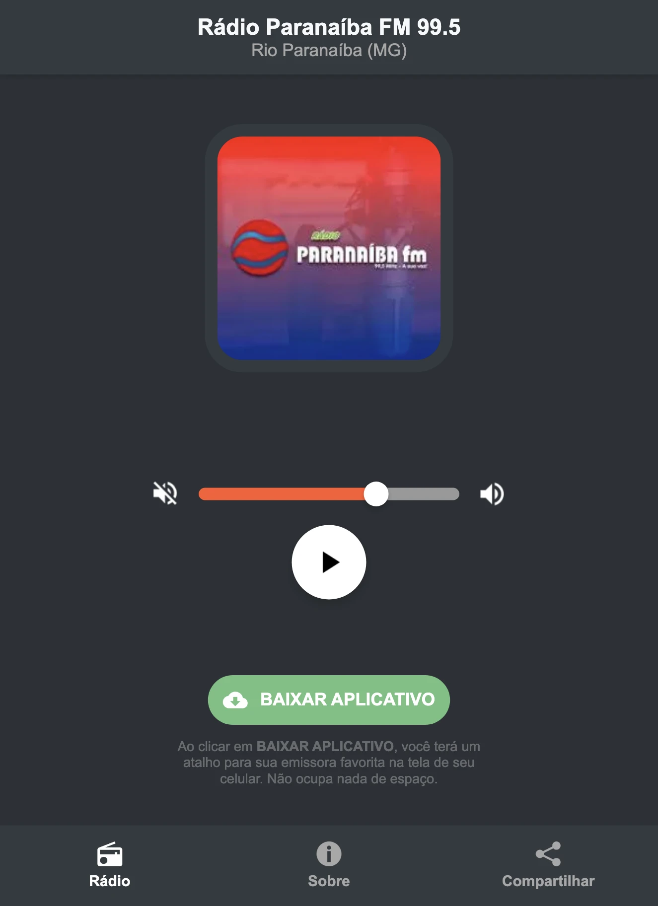 Screenshot do aplicativo da Rádio Paranaíba FM 99.5