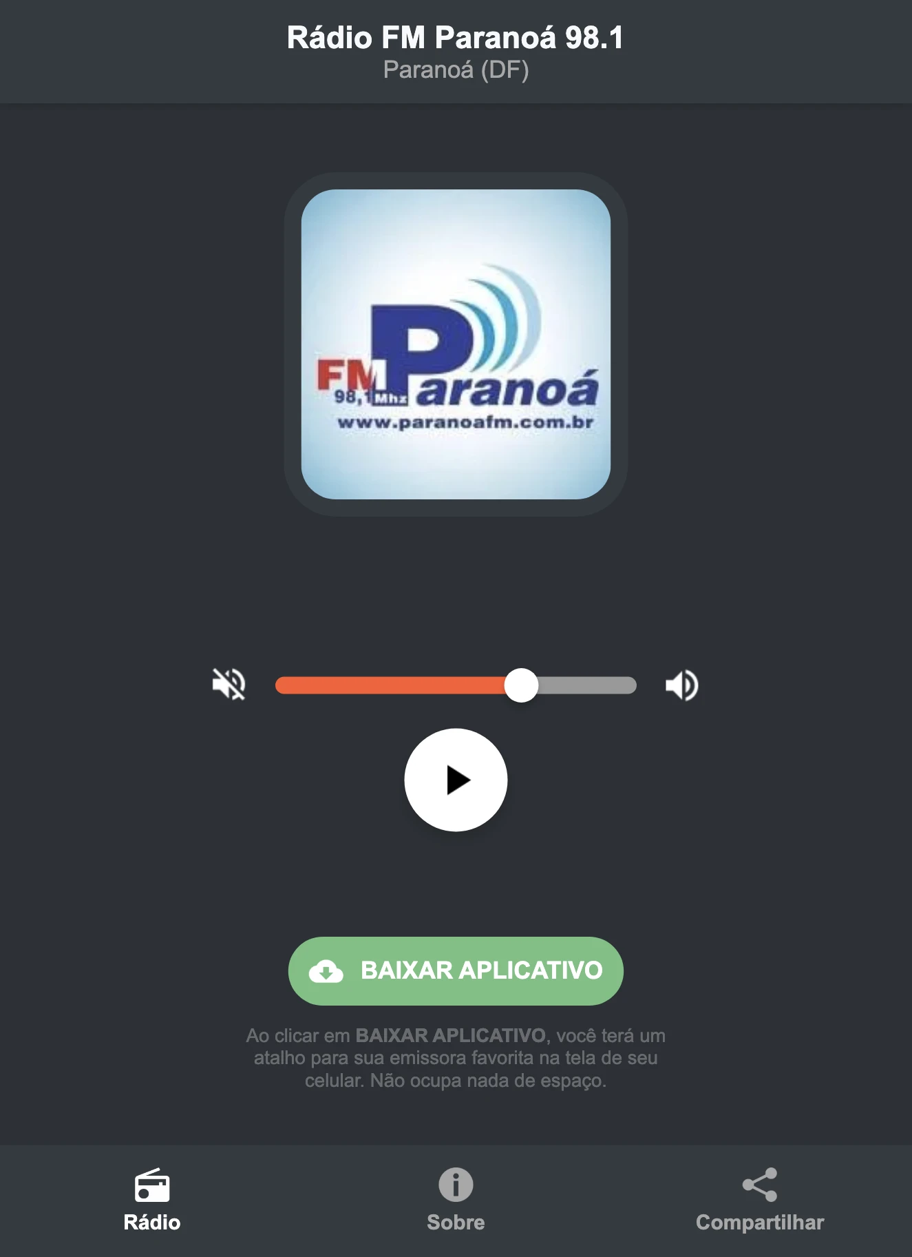 Screenshot do aplicativo da Rádio FM Paranoá 98.1